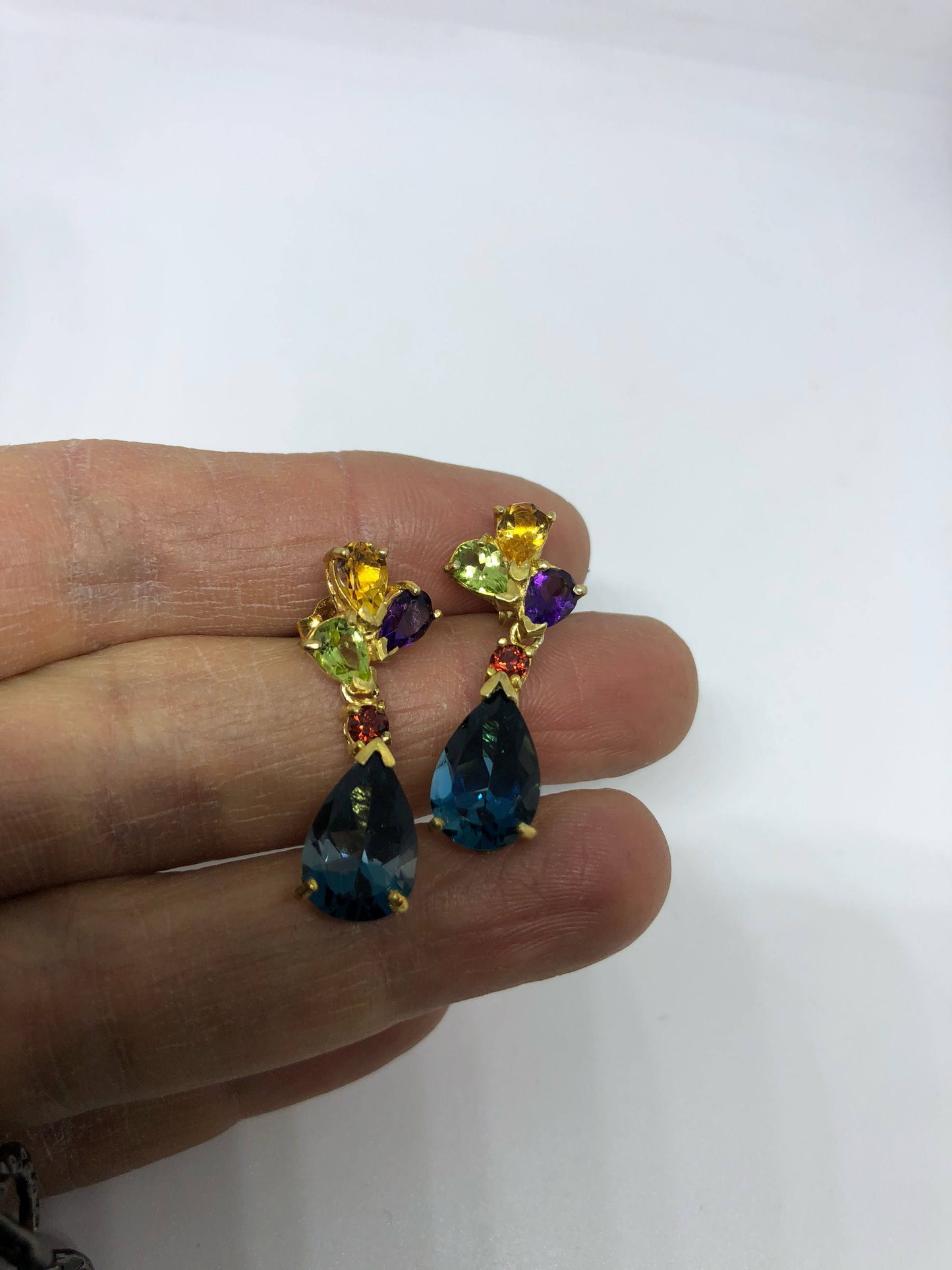 Vintage Mixed Genuine Blue Mixed Gemstone Filigree 925 Sterling Silver Dangle Chandelier Earrings