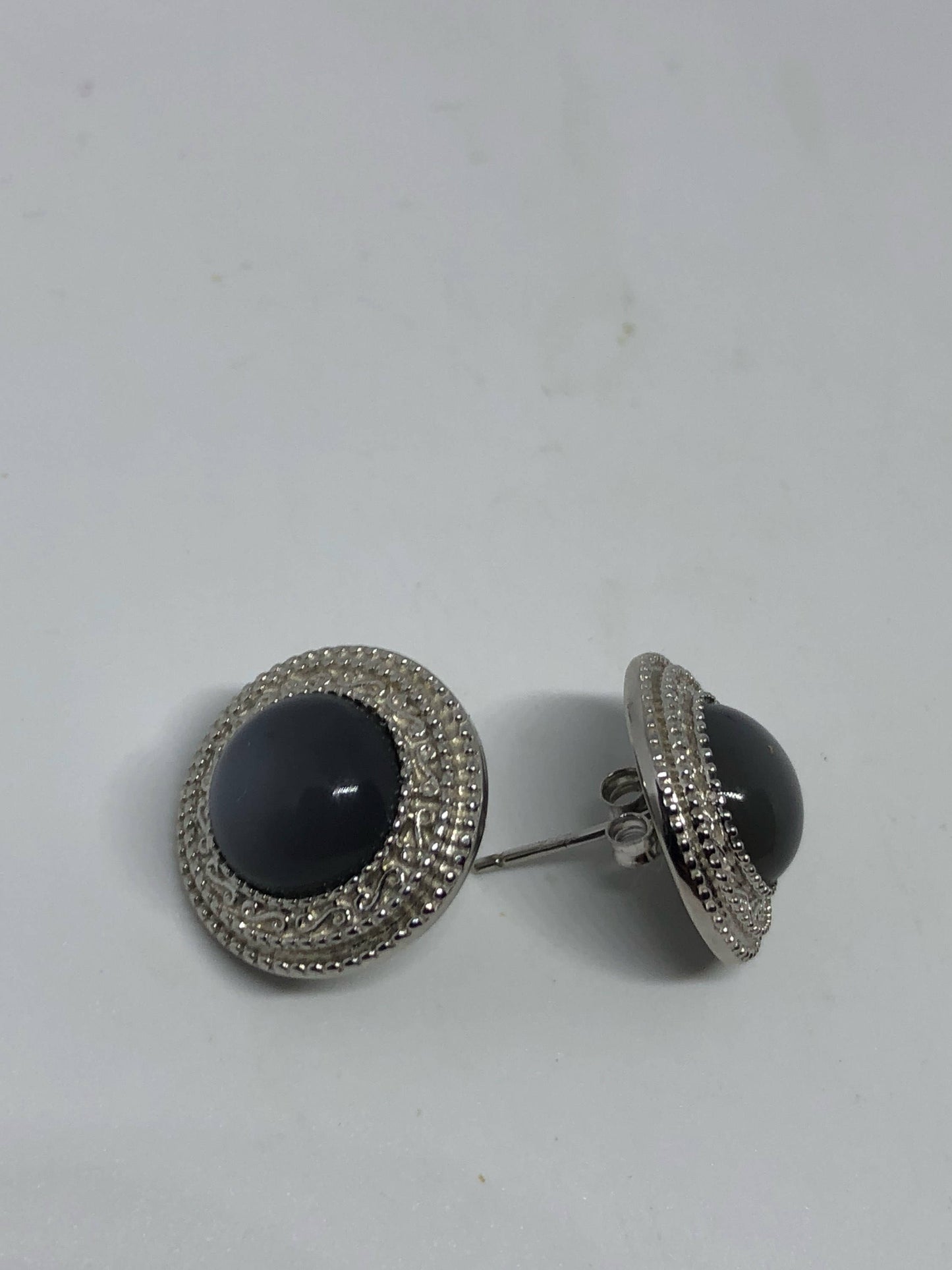 Vintage Genuine Gray Moonstone Gemstone Filigree Sterling Silver Stud Earrings