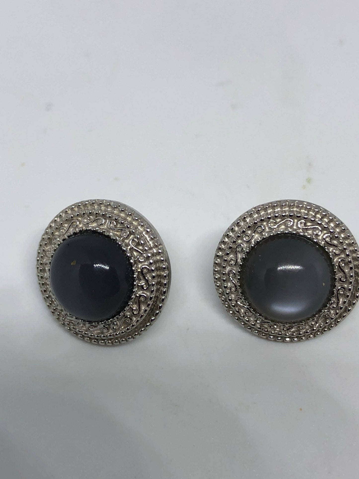 Vintage Genuine Gray Moonstone Gemstone Filigree Sterling Silver Stud Earrings