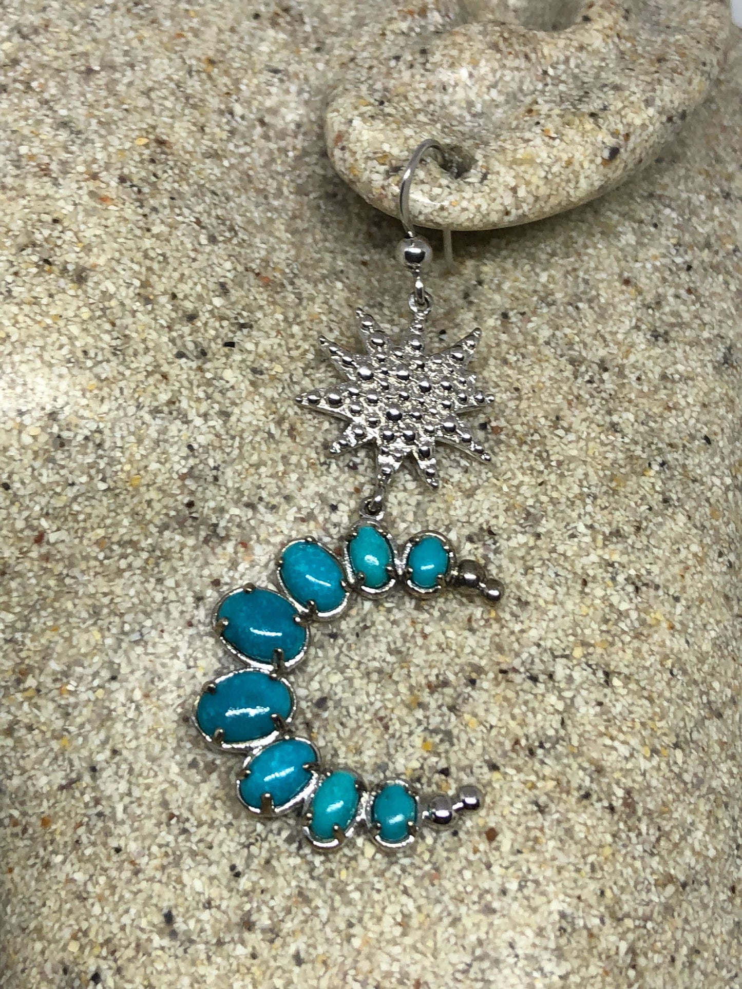 Vintage Handmade Sterling Silver Moon and Star genuine deep blue turquoise earrings