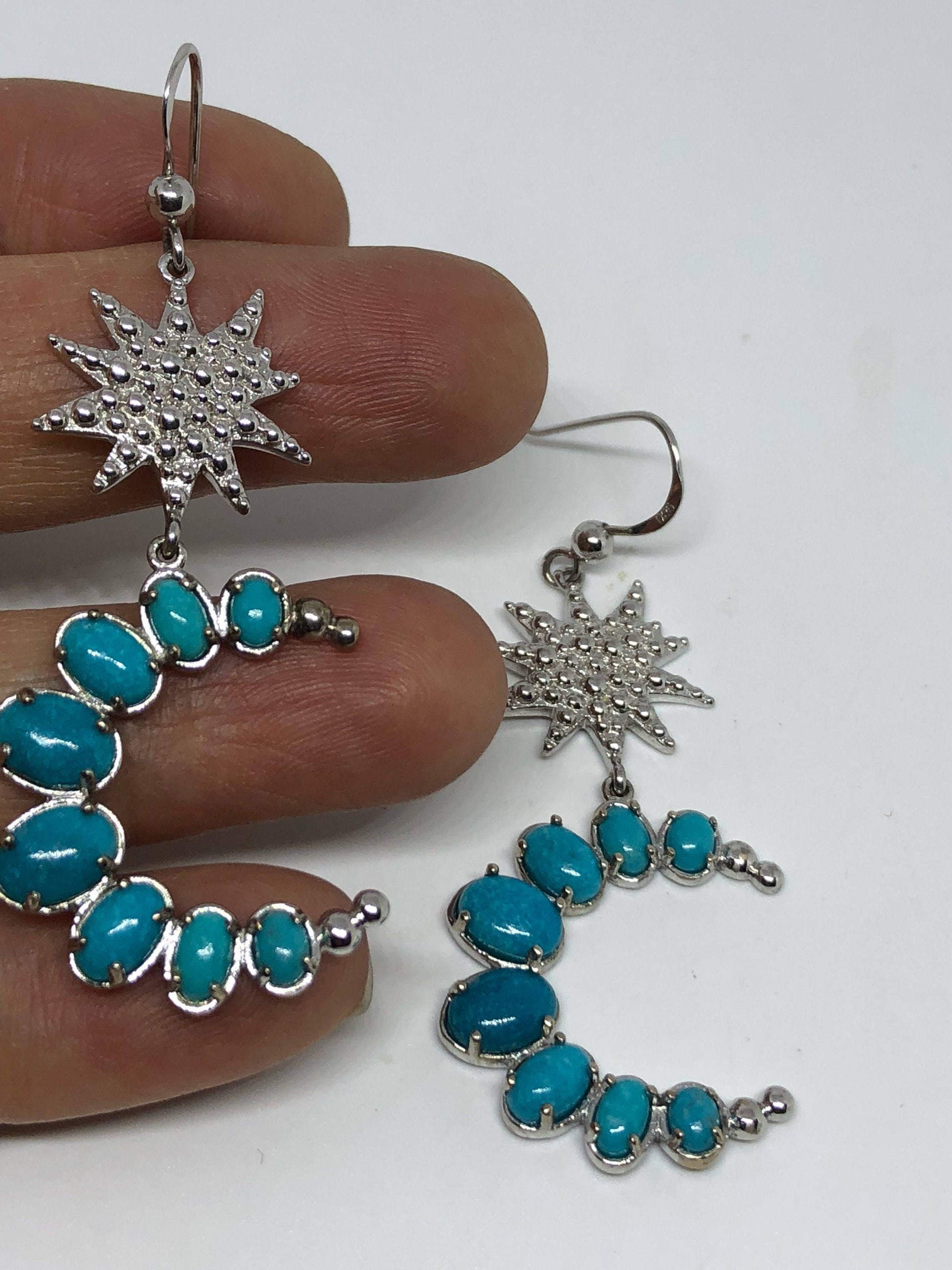 Vintage Handmade Sterling Silver Moon and Star genuine deep blue turquoise earrings