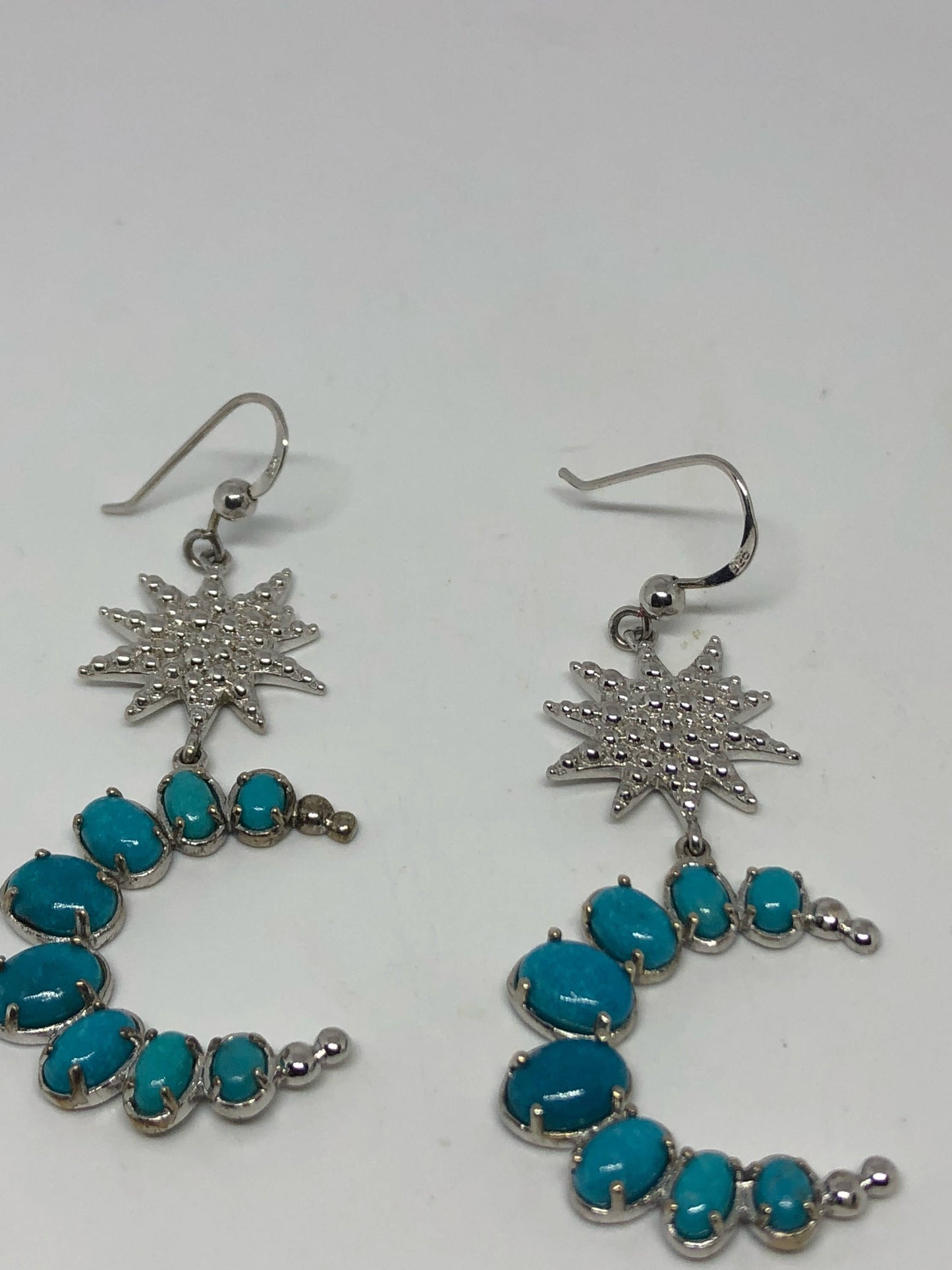 Vintage Handmade Sterling Silver Moon and Star genuine deep blue turquoise earrings