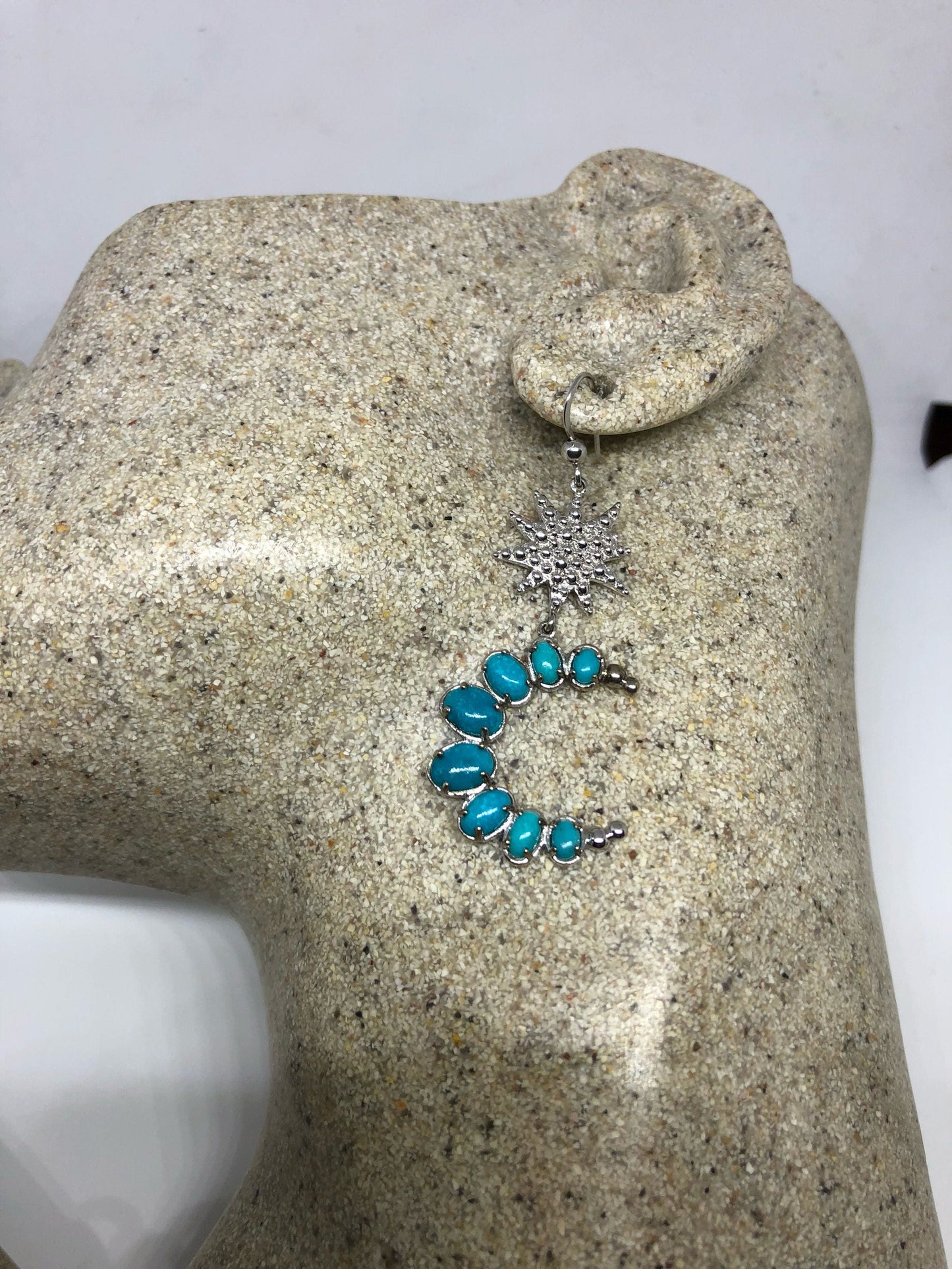 Vintage Handmade Sterling Silver Moon and Star genuine deep blue turquoise earrings