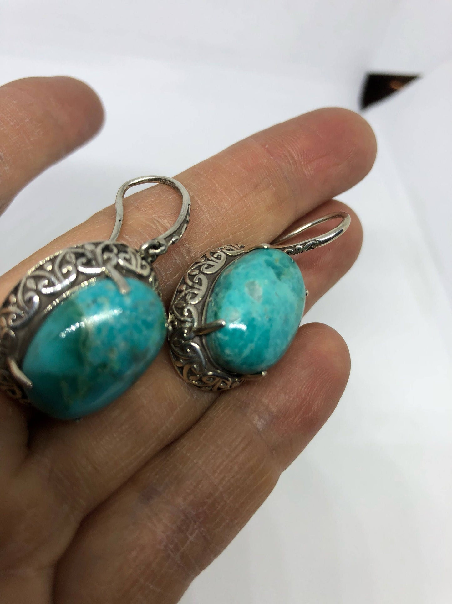 Vintage Handmade Sterling Silver genuine deep blue turquoise earrings