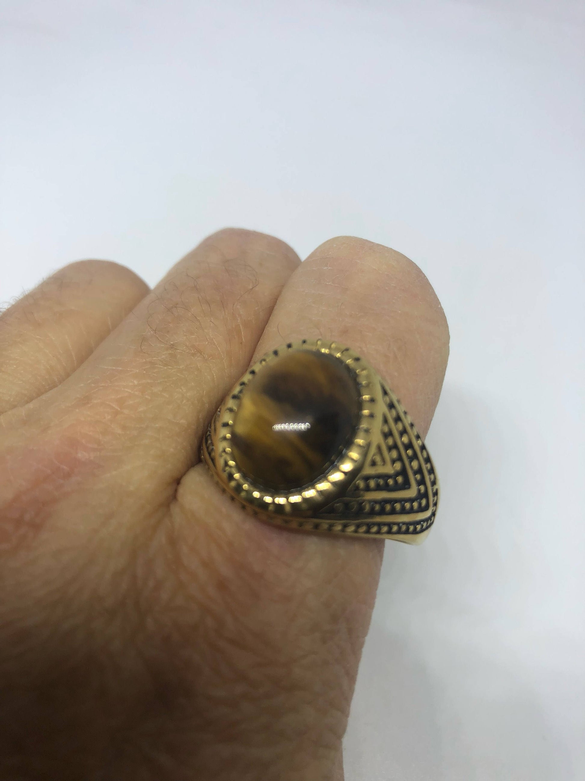 Vintage Gothic Gold Finished Stainless Steel Genuine Tigers Eye Ring