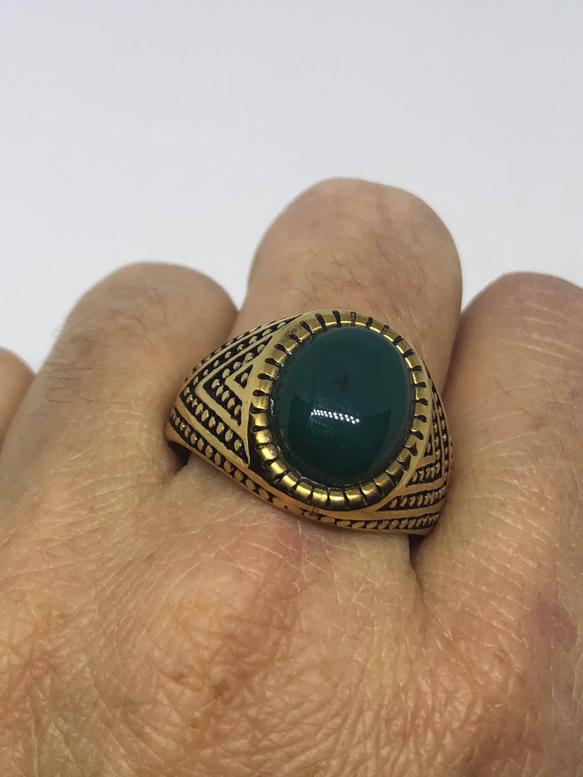 Vintage Gothic Gold Finished Genuine Green Chrysopraise Mens Ring