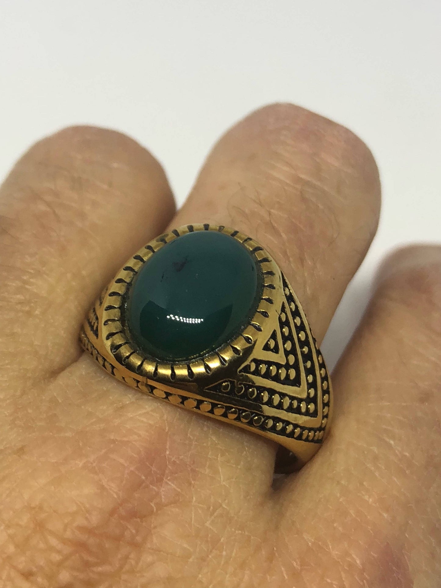 Vintage Gothic Gold Finished Genuine Green Chrysopraise Mens Ring