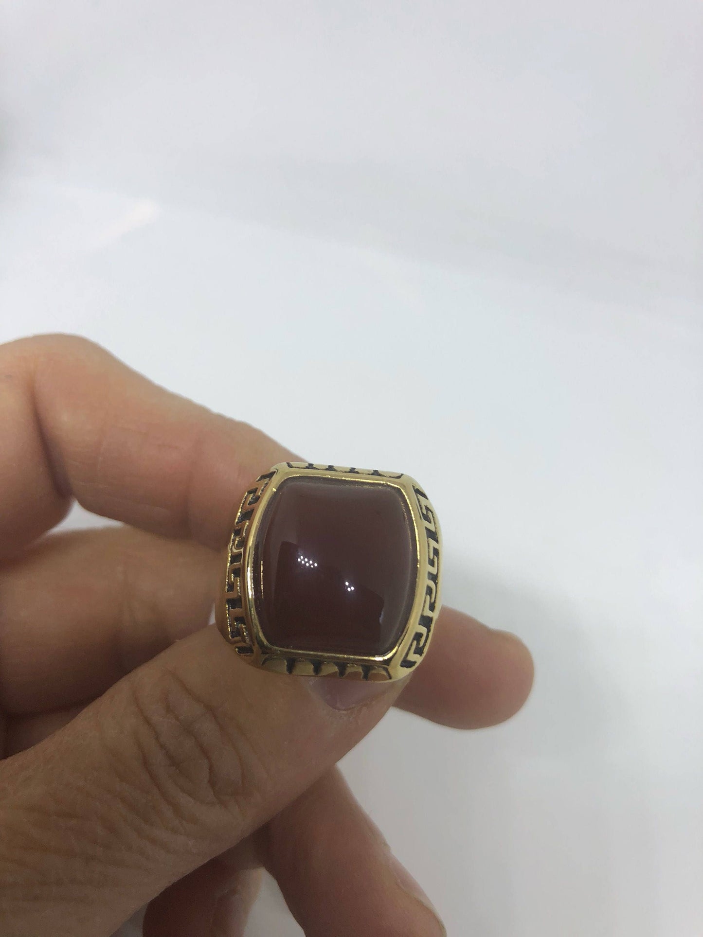 Vintage Gothic Gold Finished Genuine Red Carnelian Mens Ring