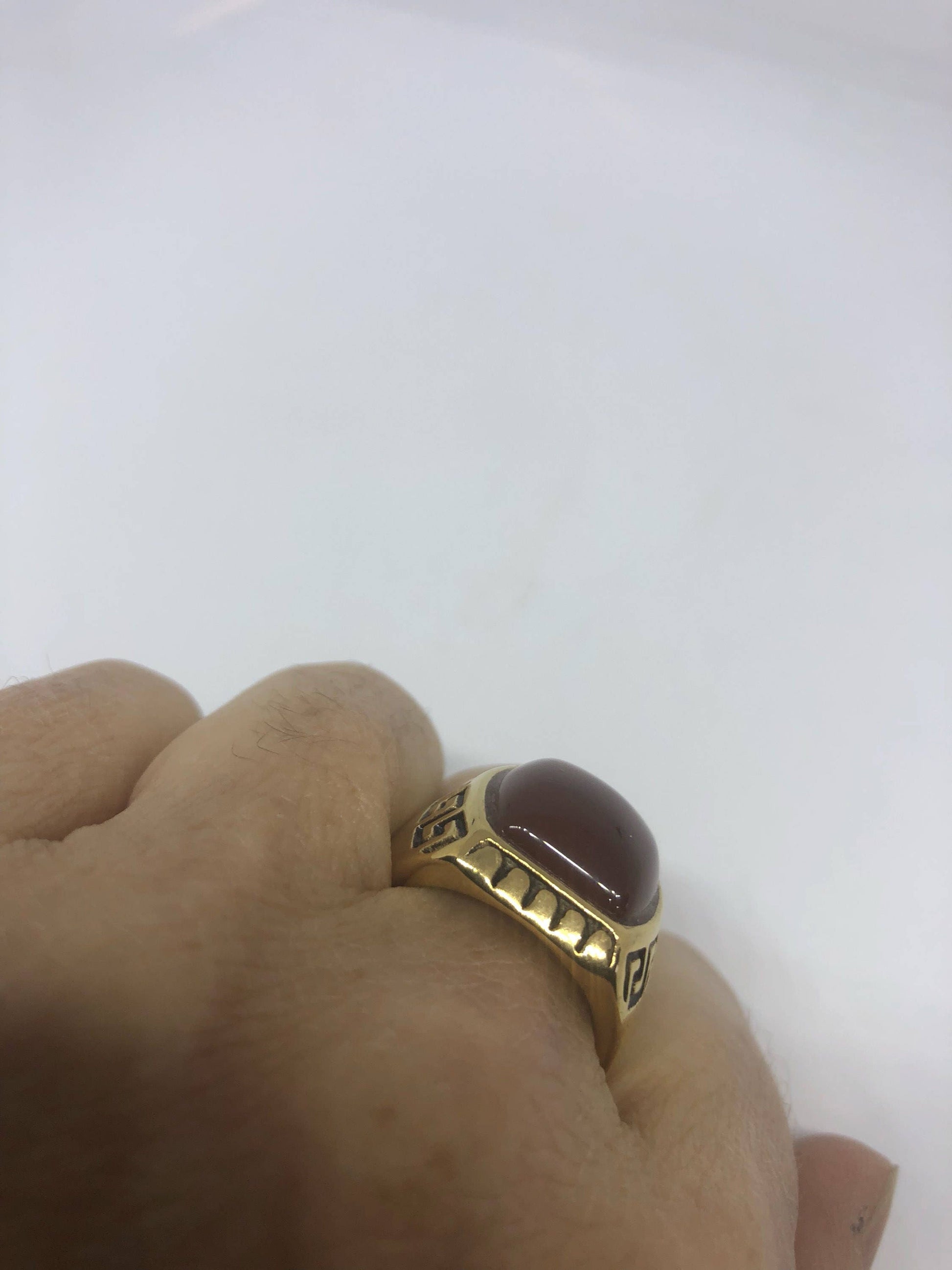 Vintage Gothic Gold Finished Genuine Red Carnelian Mens Ring