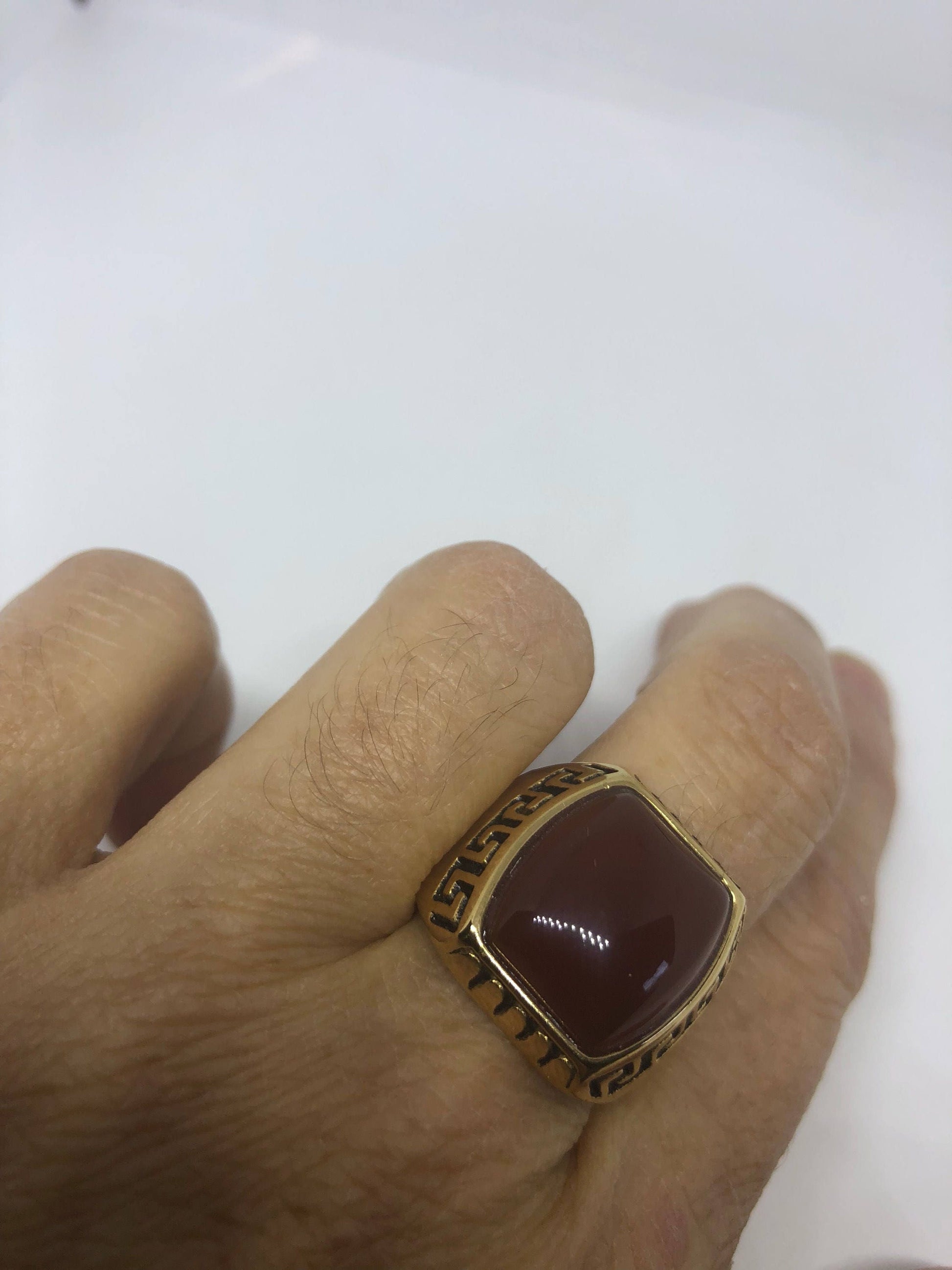 Vintage Gothic Gold Finished Genuine Red Carnelian Mens Ring