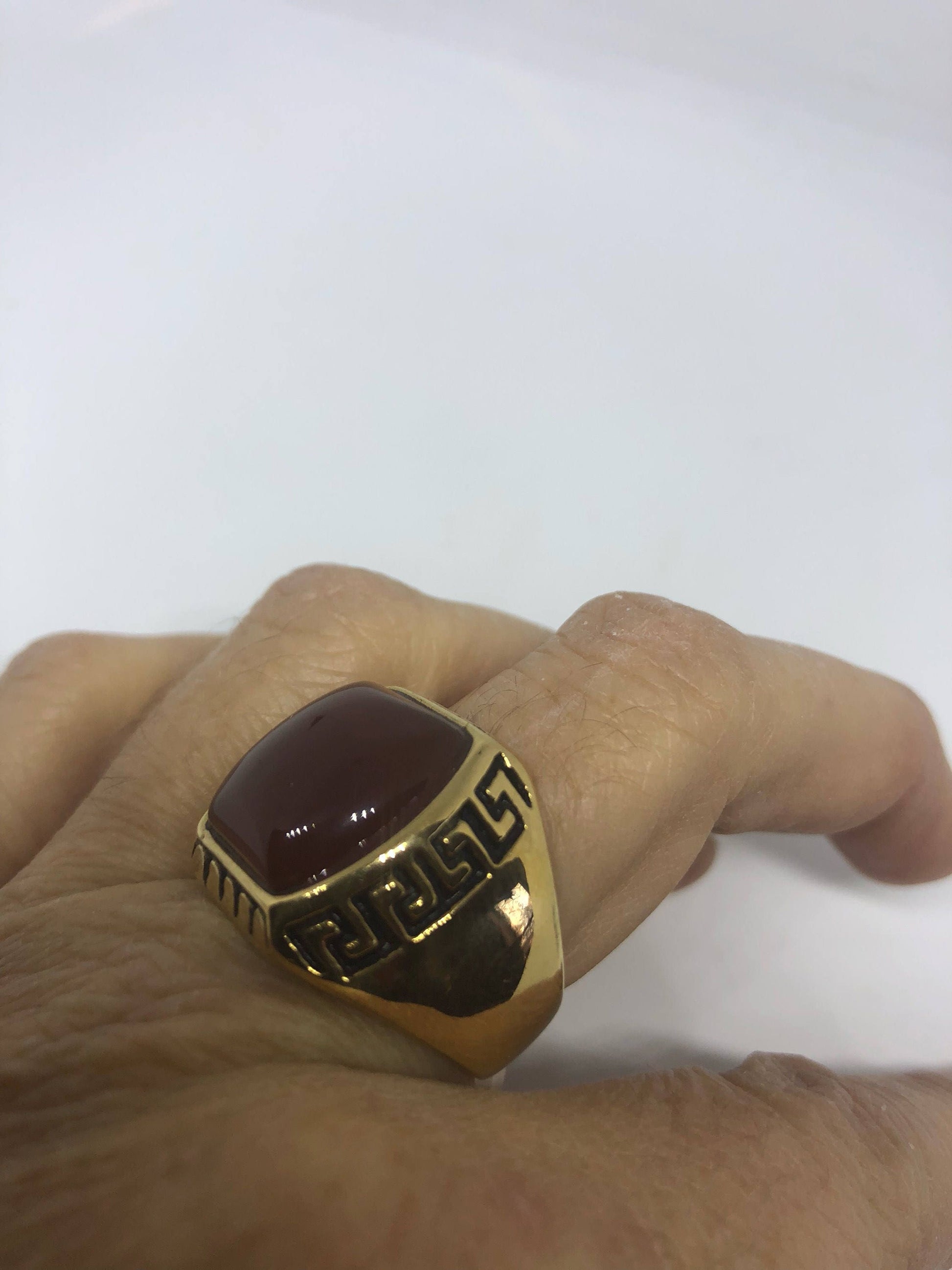 Vintage Gothic Gold Finished Genuine Red Carnelian Mens Ring