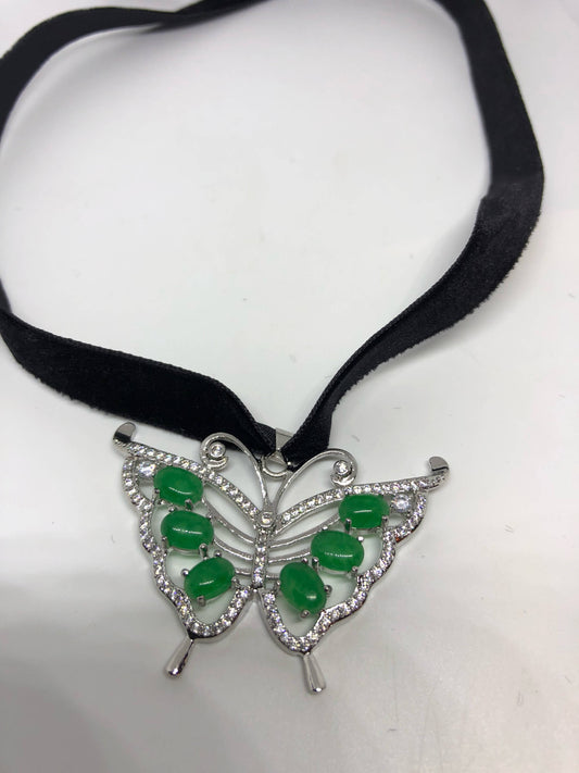 Vinate Green Jade Silver Finish Butterfy Necklace