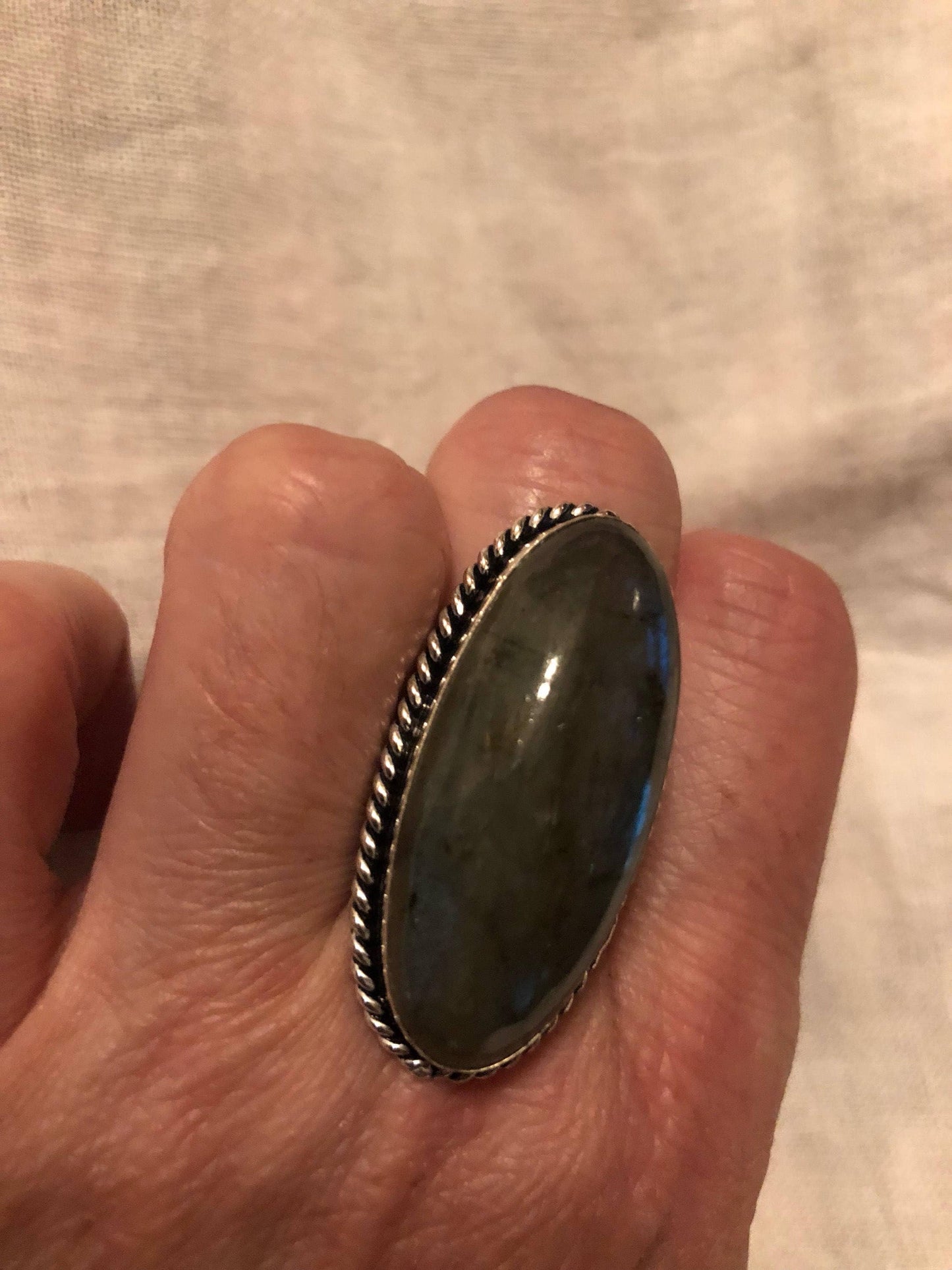 Vintage Large Blue Green Labradorite Stone Silver Ring