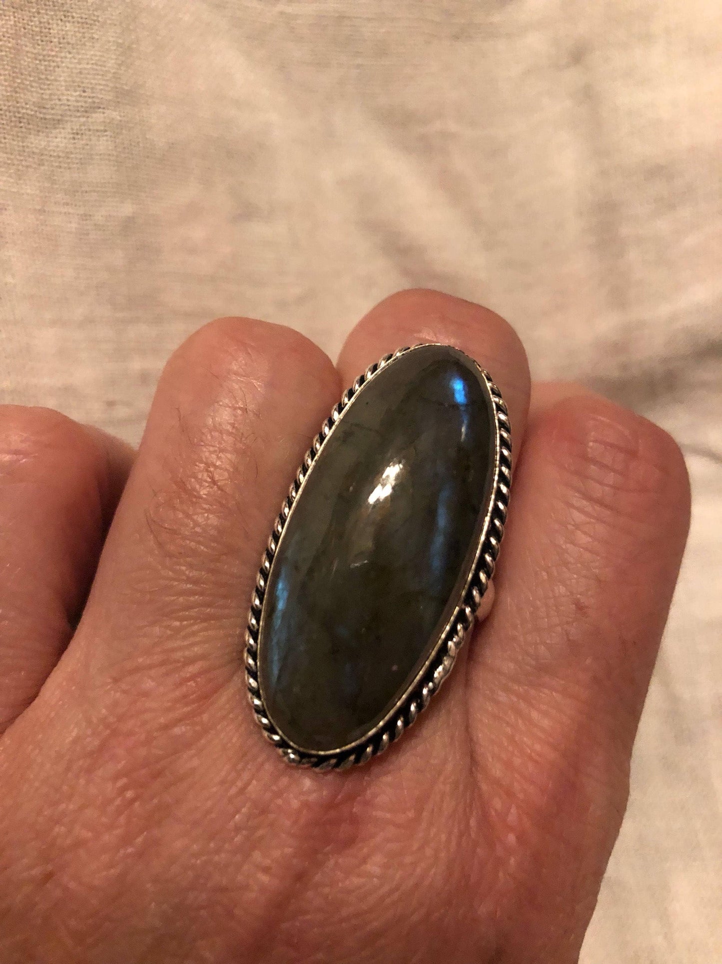 Vintage Large Blue Green Labradorite Stone Silver Ring