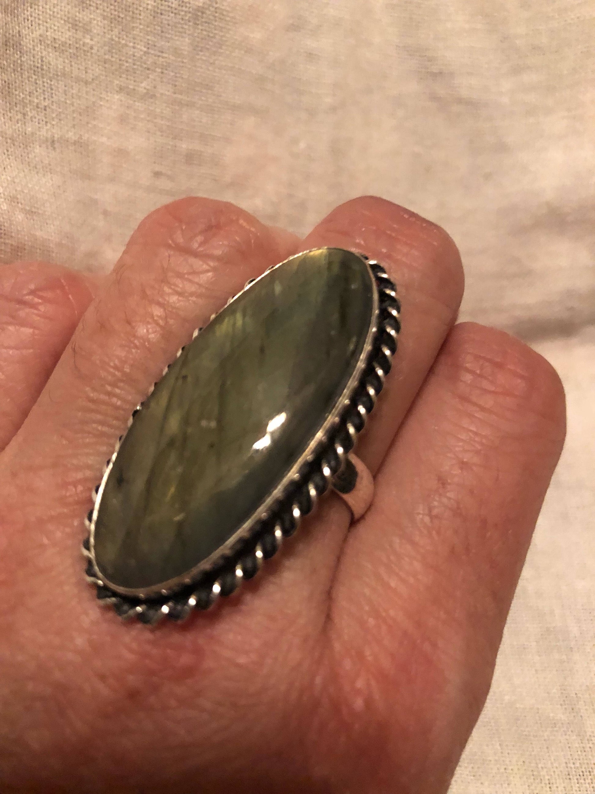 Vintage Large Blue Green Labradorite Stone Silver Ring