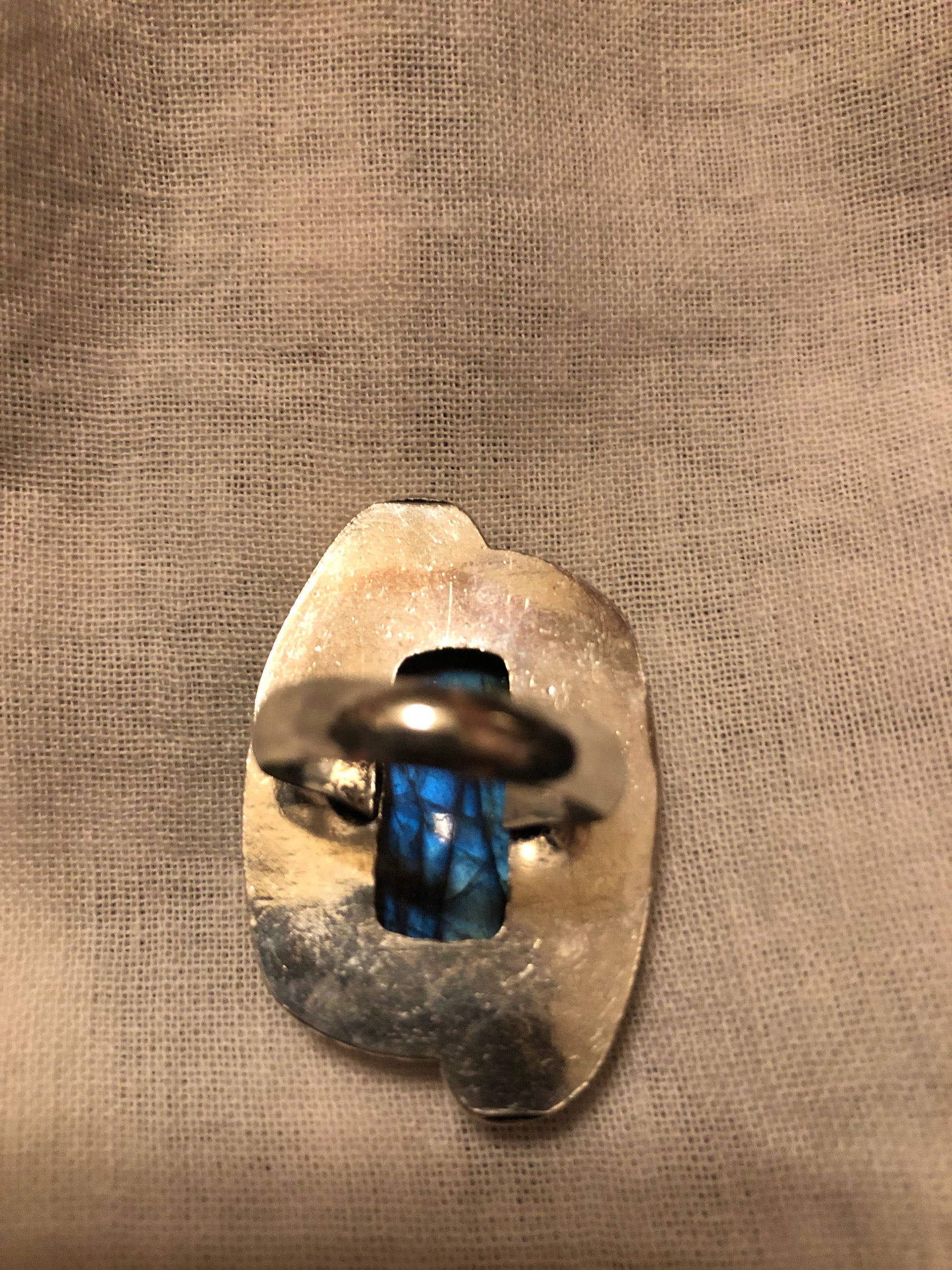 Vintage Large Blue Green Labradorite Stone Silver Ring