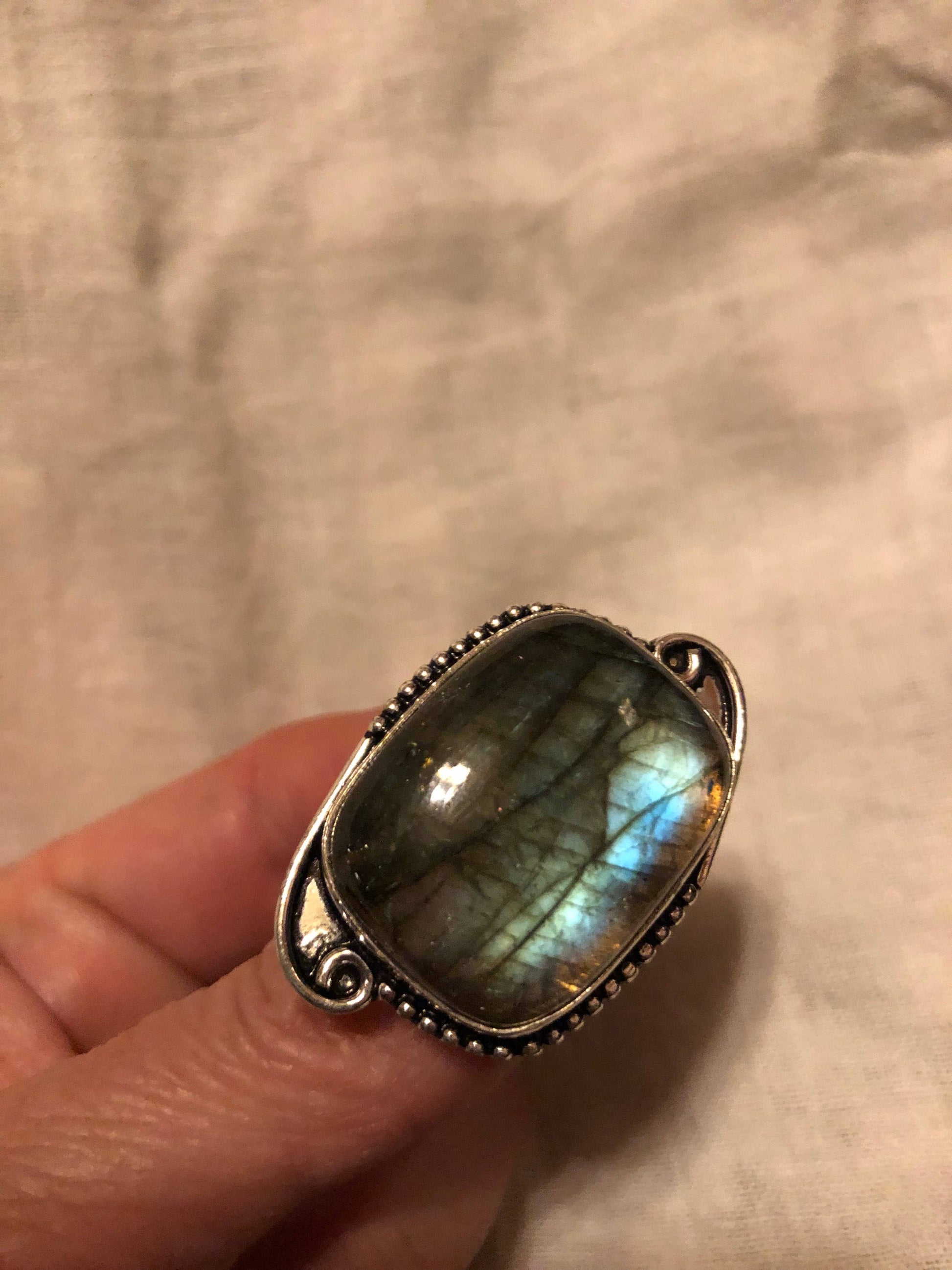 Vintage Large Blue Green Labradorite Stone Silver Ring