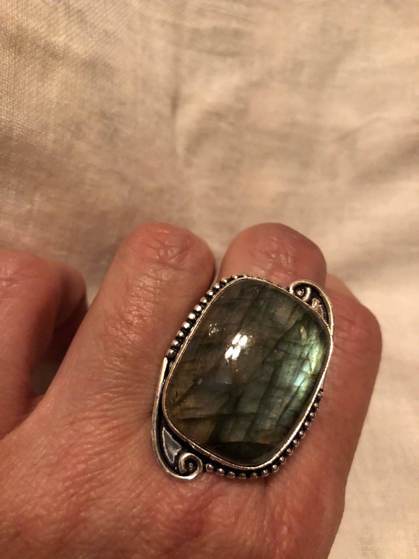 Vintage Large Blue Green Labradorite Stone Silver Ring