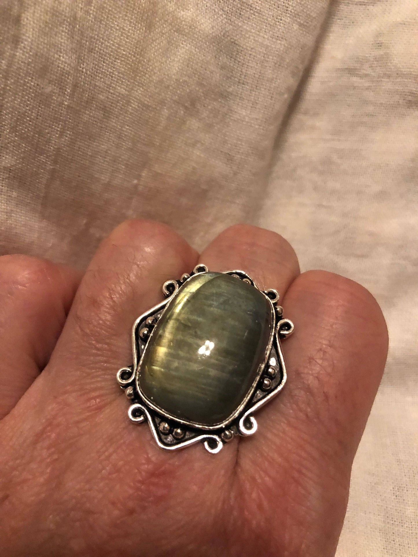 Vintage Large Blue Green Labradorite Stone Silver Ring