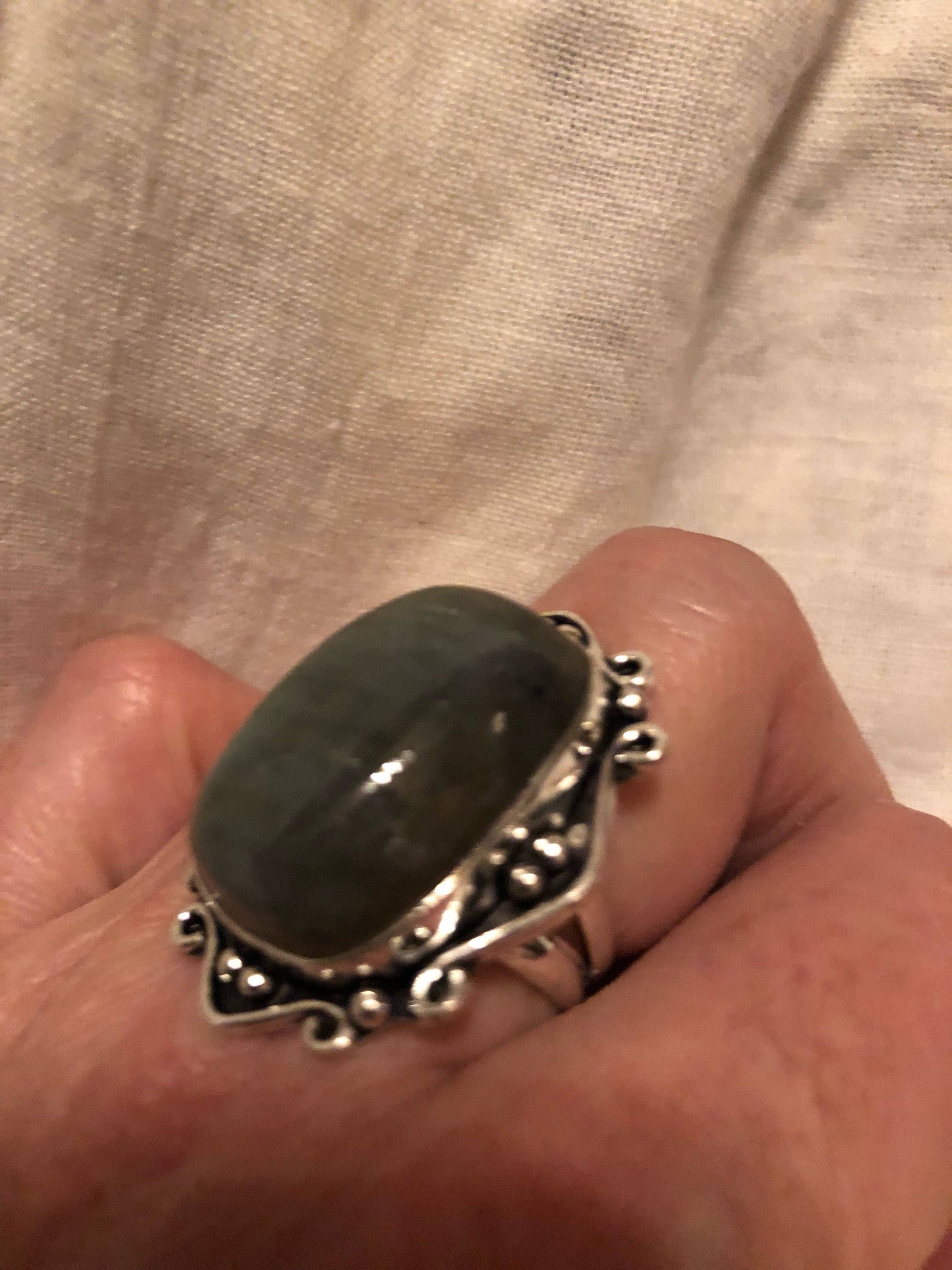 Vintage Large Blue Green Labradorite Stone Silver Ring