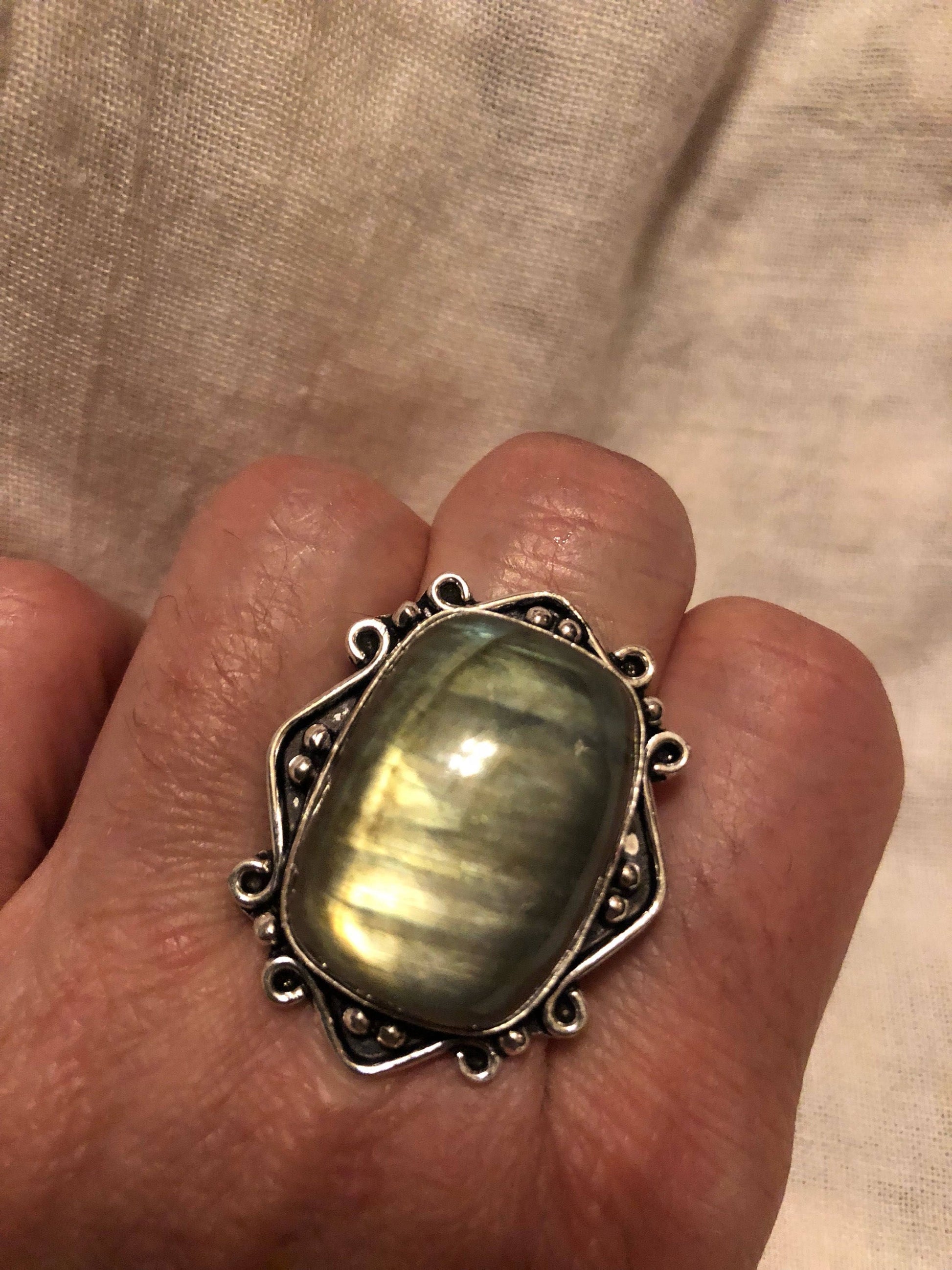 Vintage Large Blue Green Labradorite Stone Silver Ring