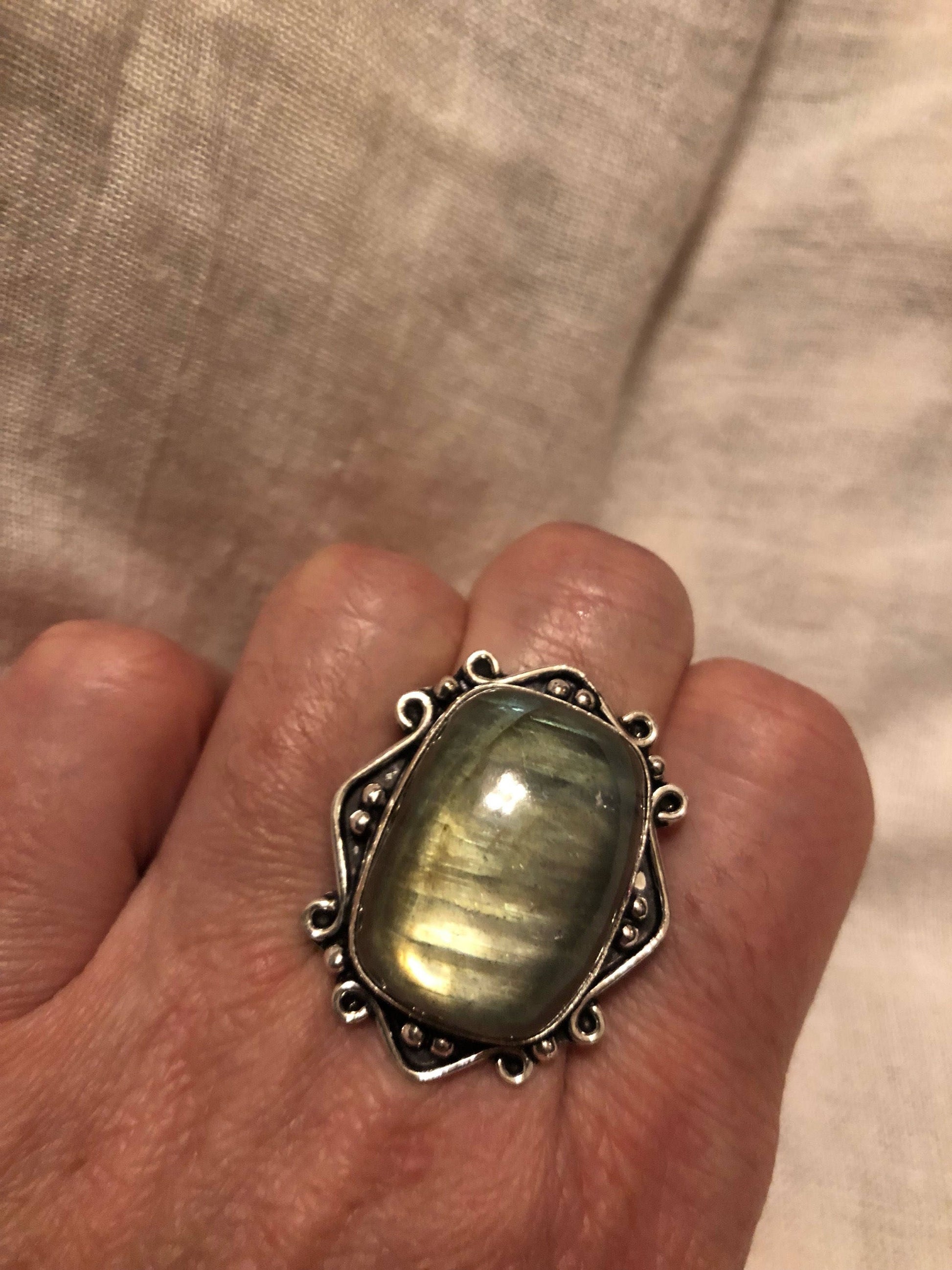 Vintage Large Blue Green Labradorite Stone Silver Ring