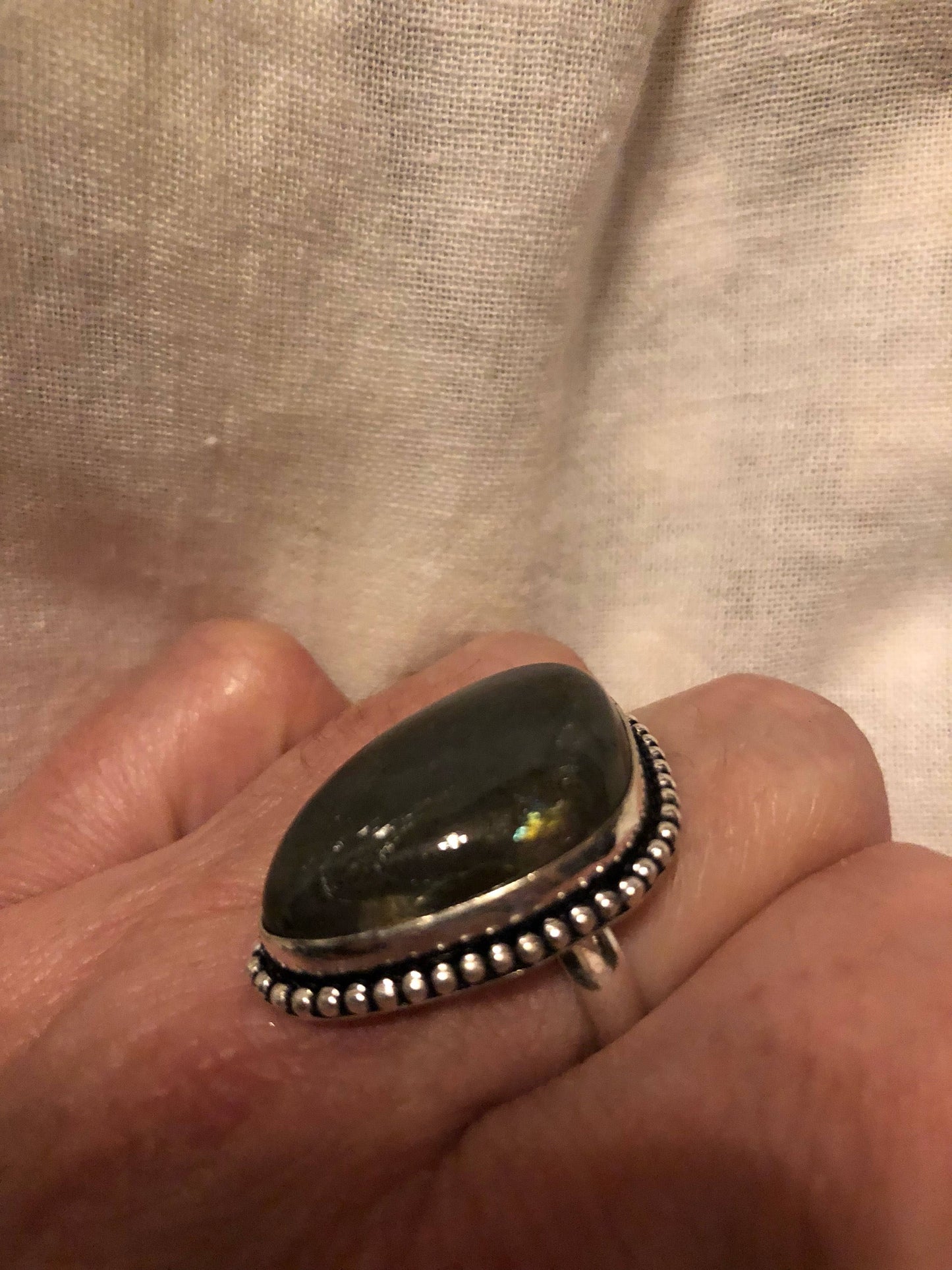 Vintage Large Blue Green Labradorite Stone Silver Ring