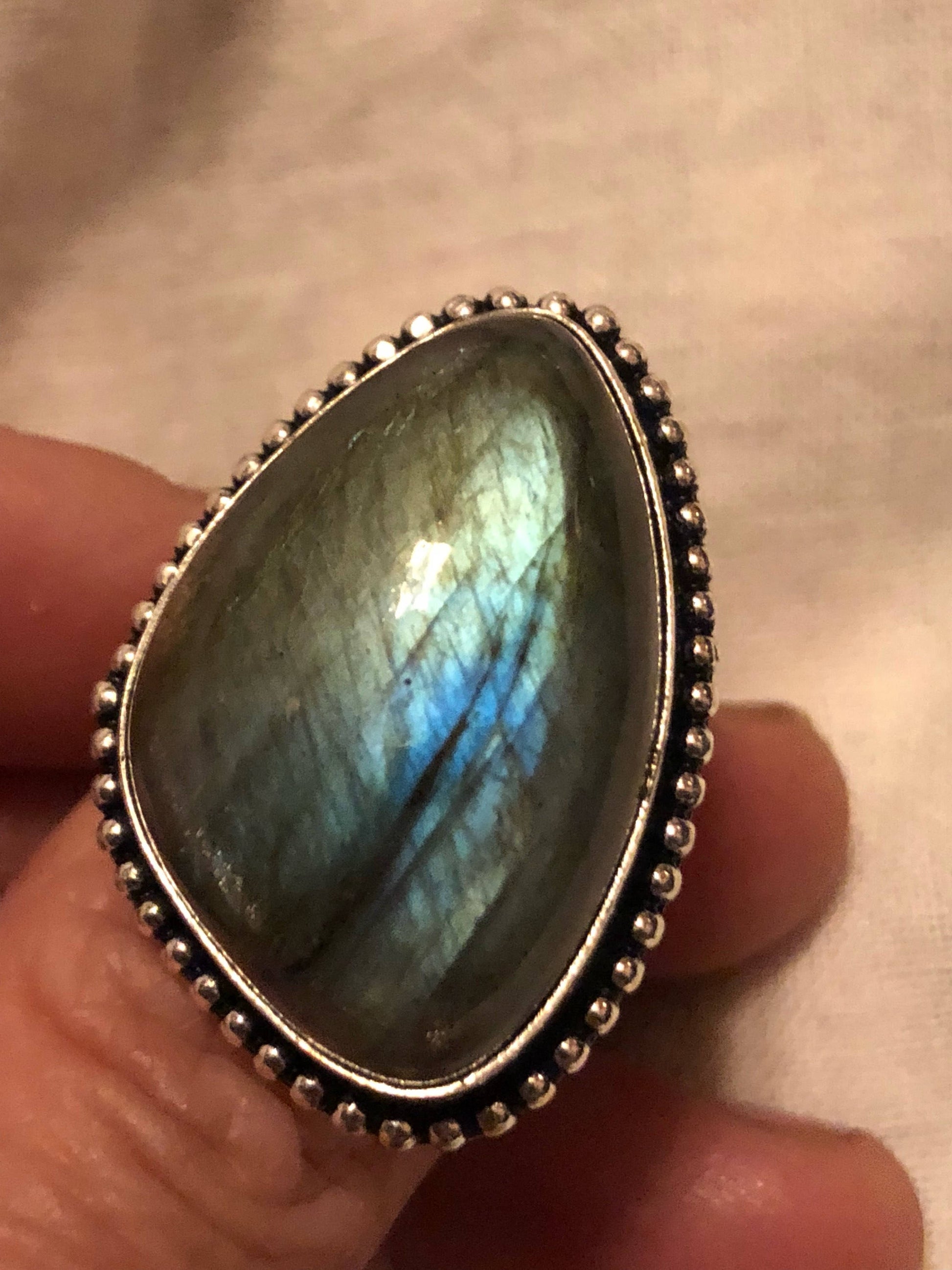 Vintage Large Blue Green Labradorite Stone Silver Ring