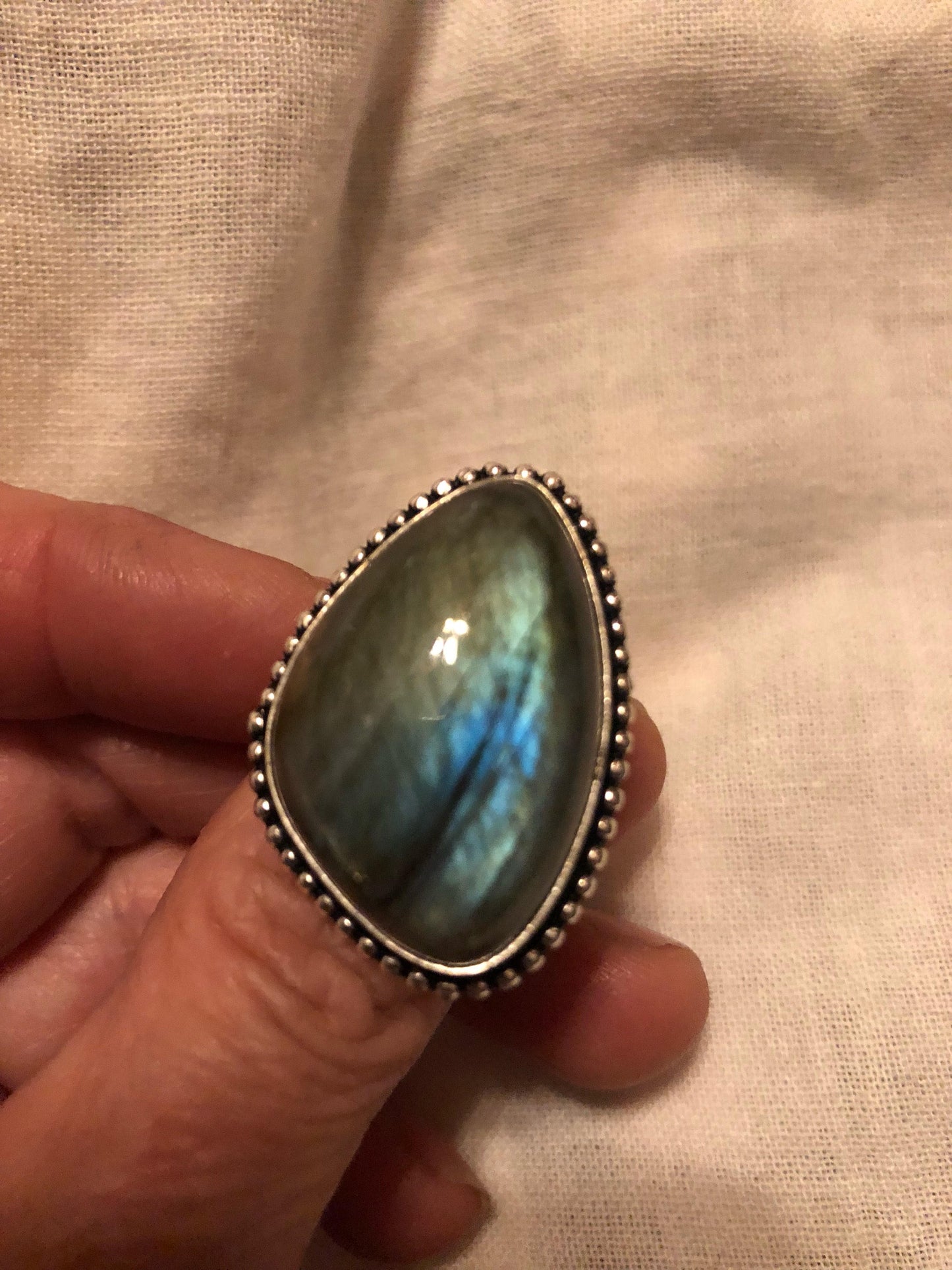 Vintage Large Blue Green Labradorite Stone Silver Ring