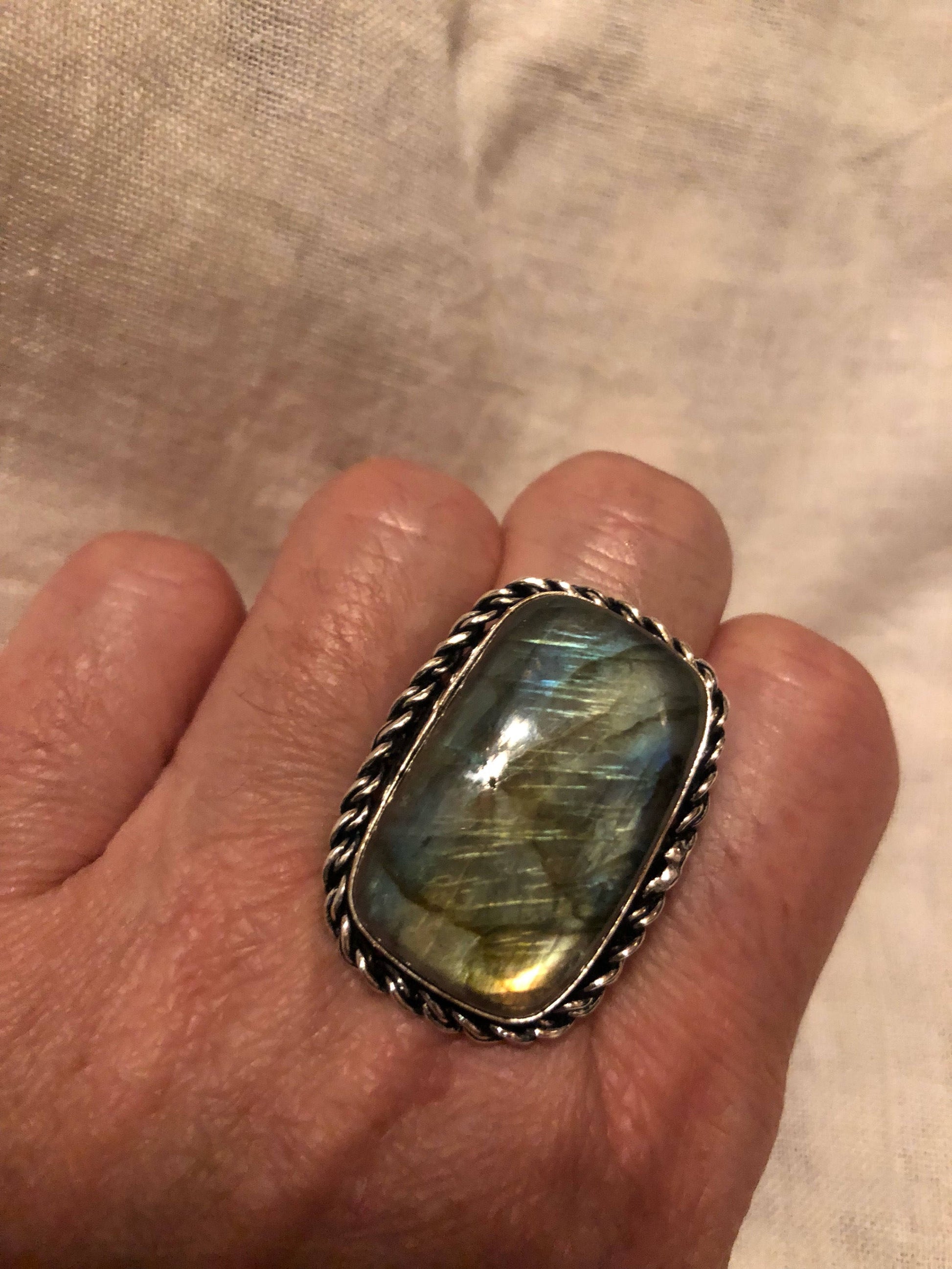 Vintage Large Blue Green Labradorite Stone Silver Ring