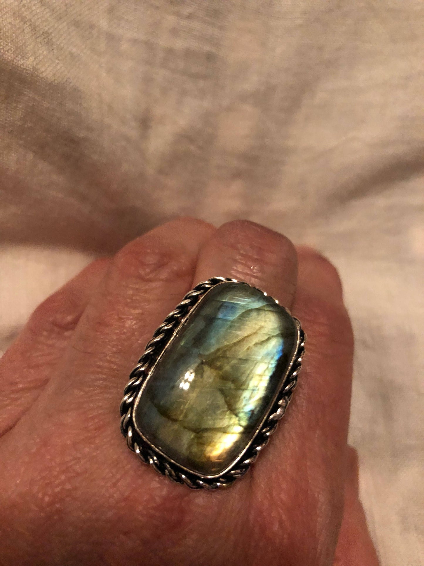 Vintage Large Blue Green Labradorite Stone Silver Ring