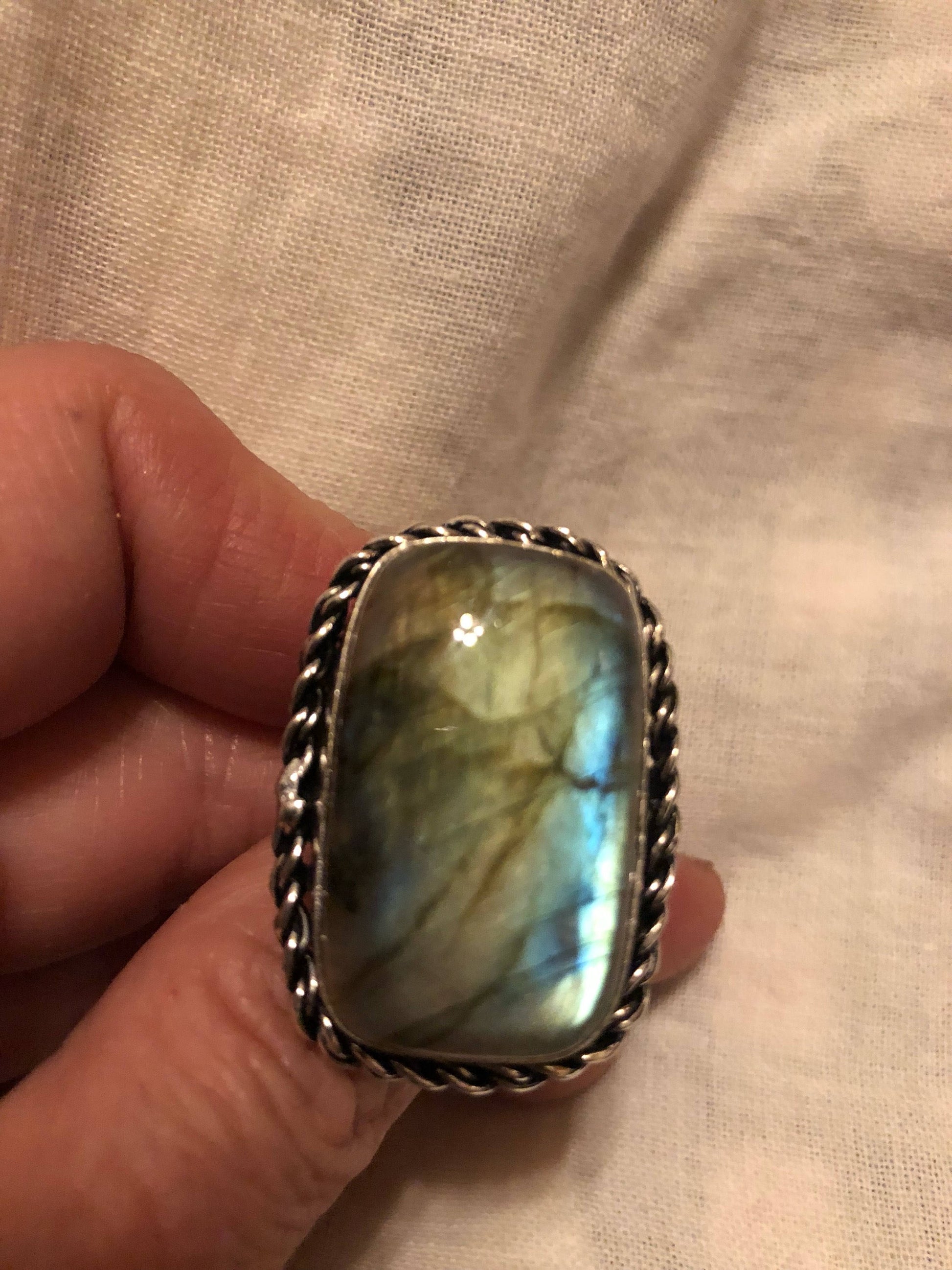 Vintage Large Blue Green Labradorite Stone Silver Ring