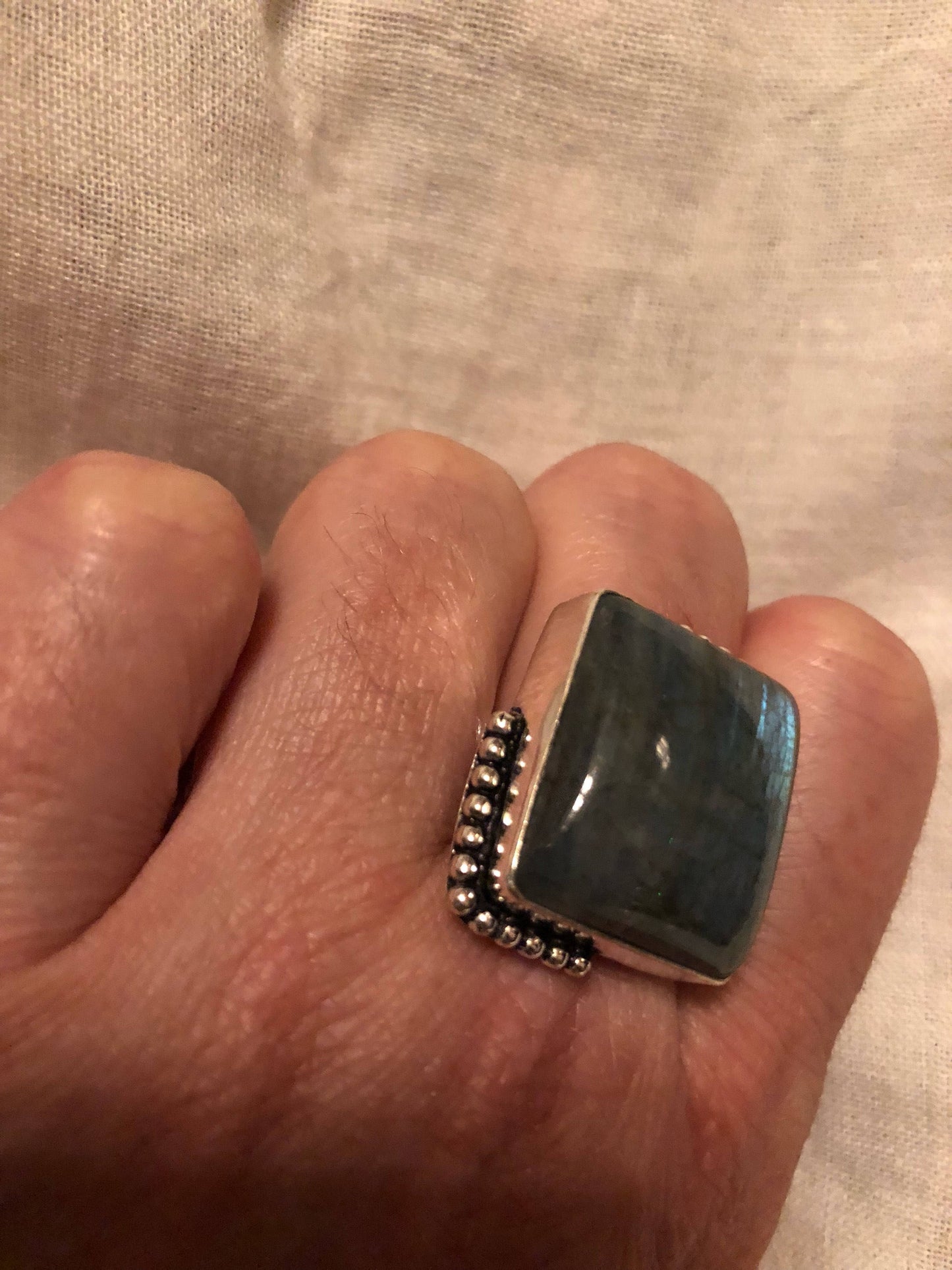 Vintage Large Blue Green Labradorite Stone Silver Ring