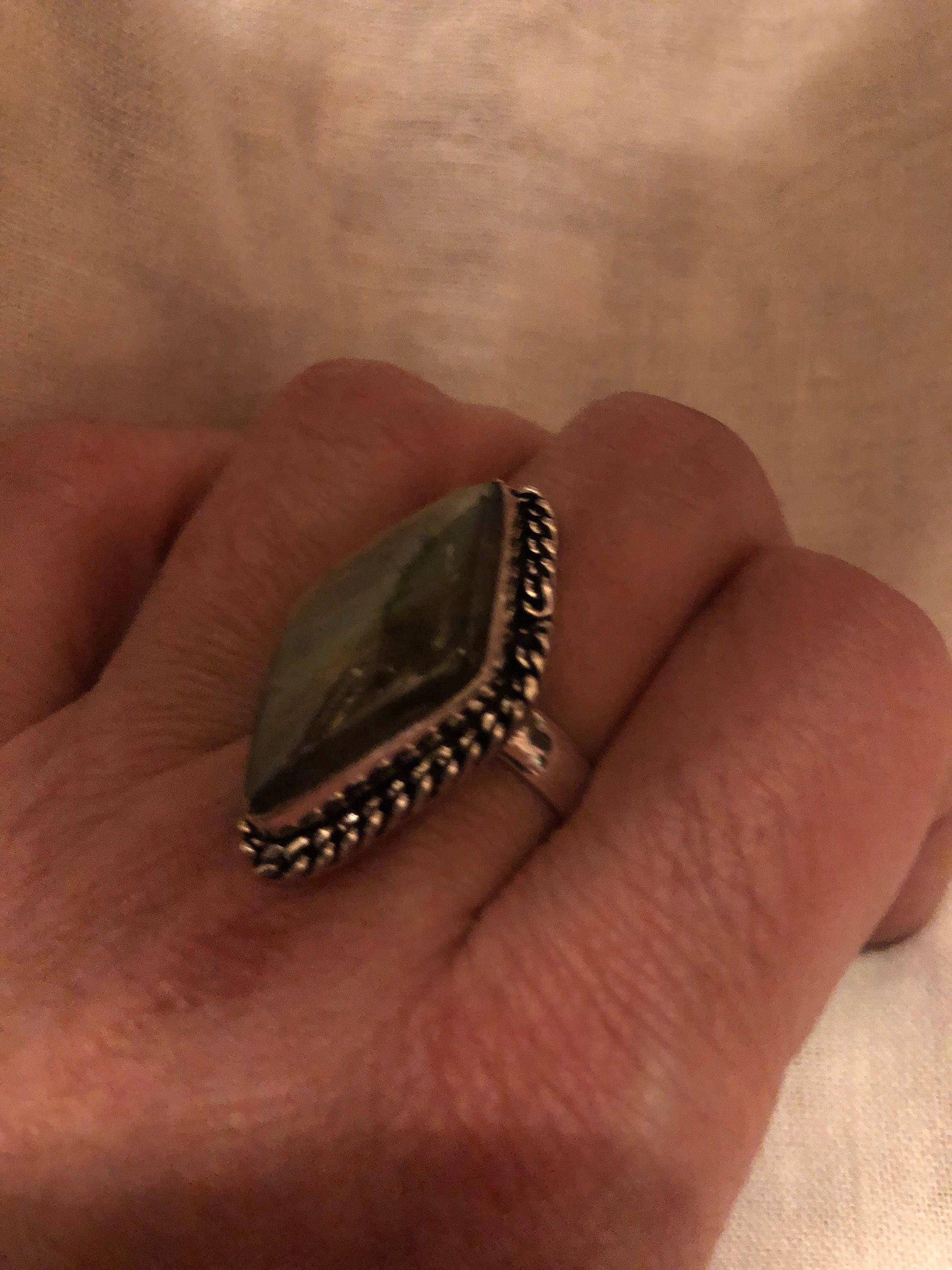 Vintage Large Blue Green Labradorite Stone Silver Ring