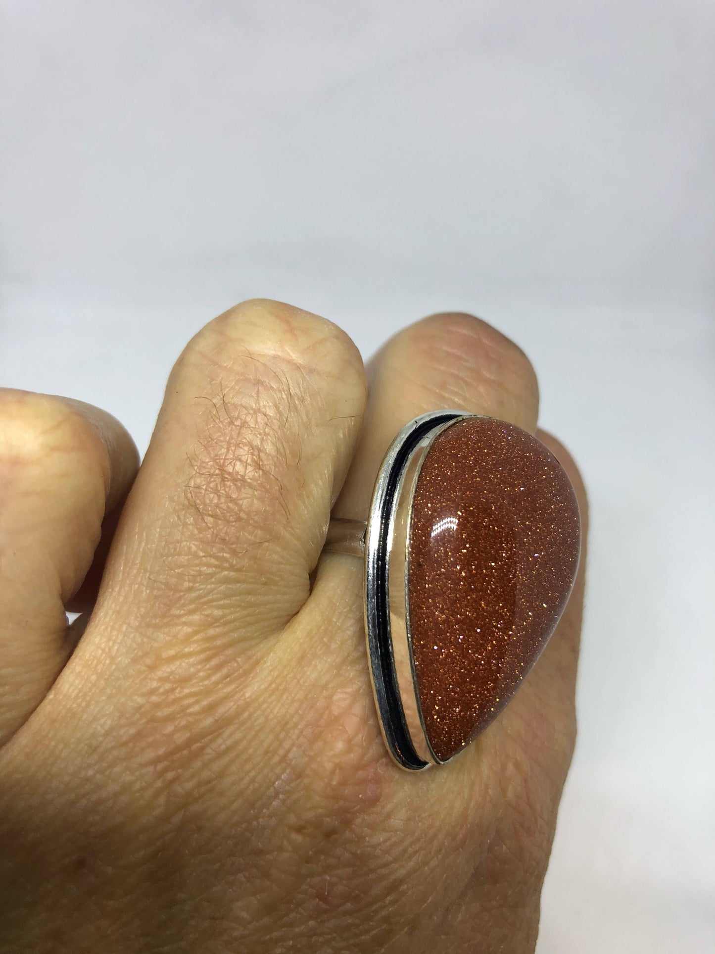 Vintage Handmade Deep Gold Sandstone Setting Silver Ring