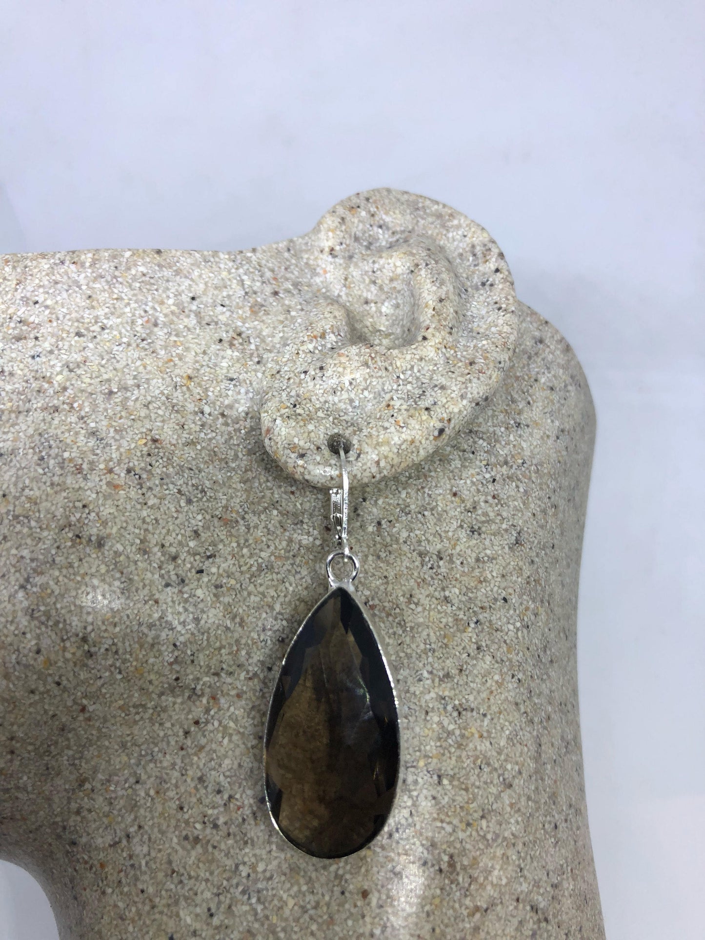 Antique Vintage Smoky Volcanic Glass Silver Dangle Earrings