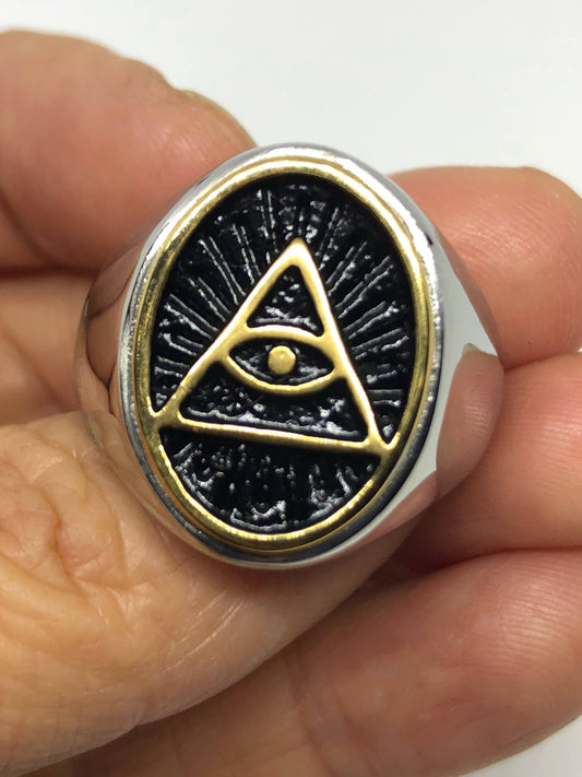 Vintage Illuminate Ring Gothic Silver Stainless Steel Eye Pyramid Mens