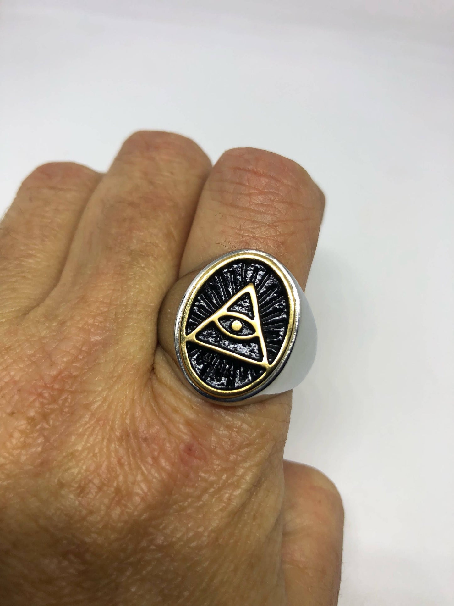 Vintage Illuminate Ring Gothic Silver Stainless Steel Eye Pyramid Mens