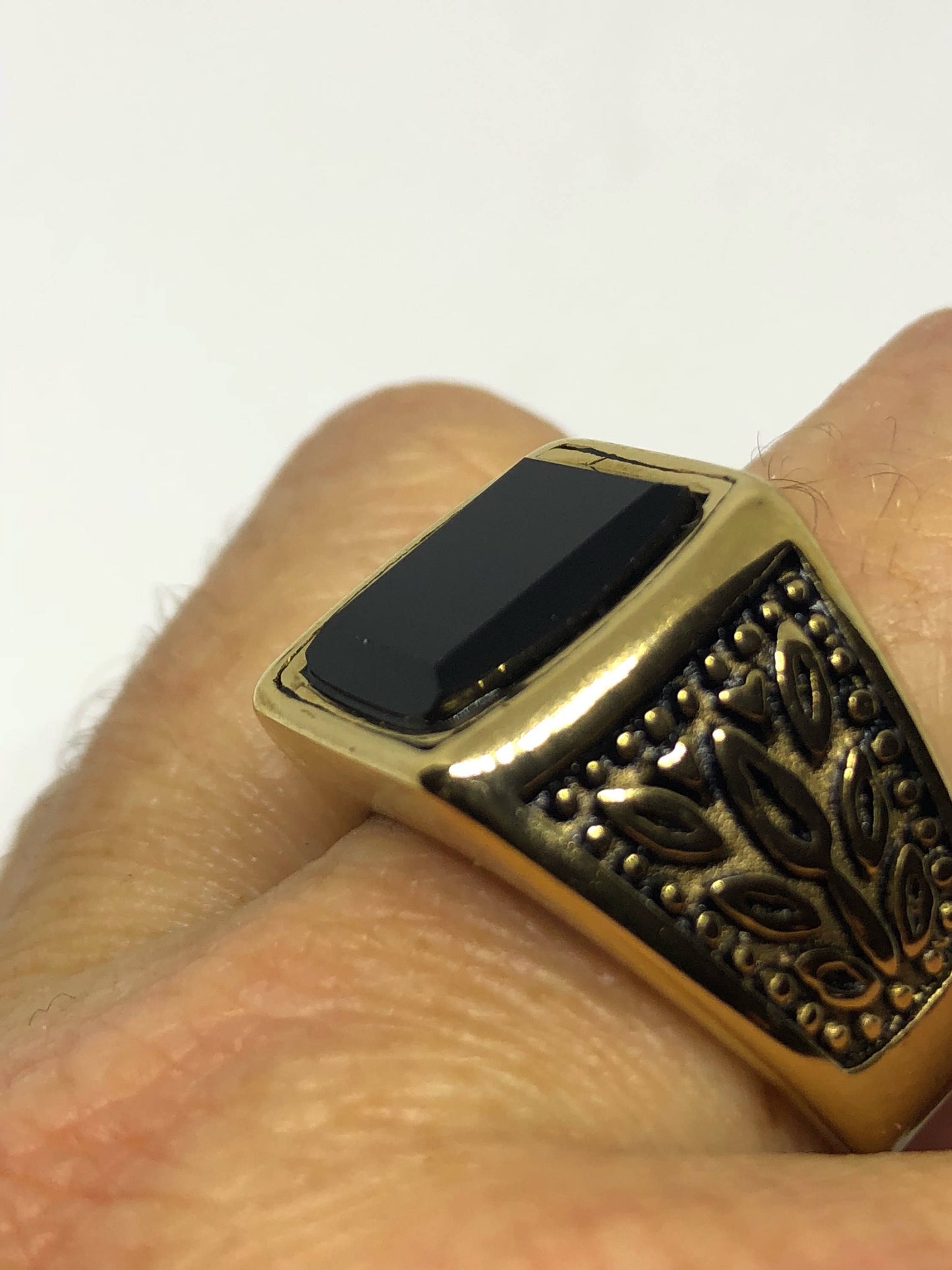 Vintage Gothic Golden Finished Stainless Steel Black Onyx Mens Ring