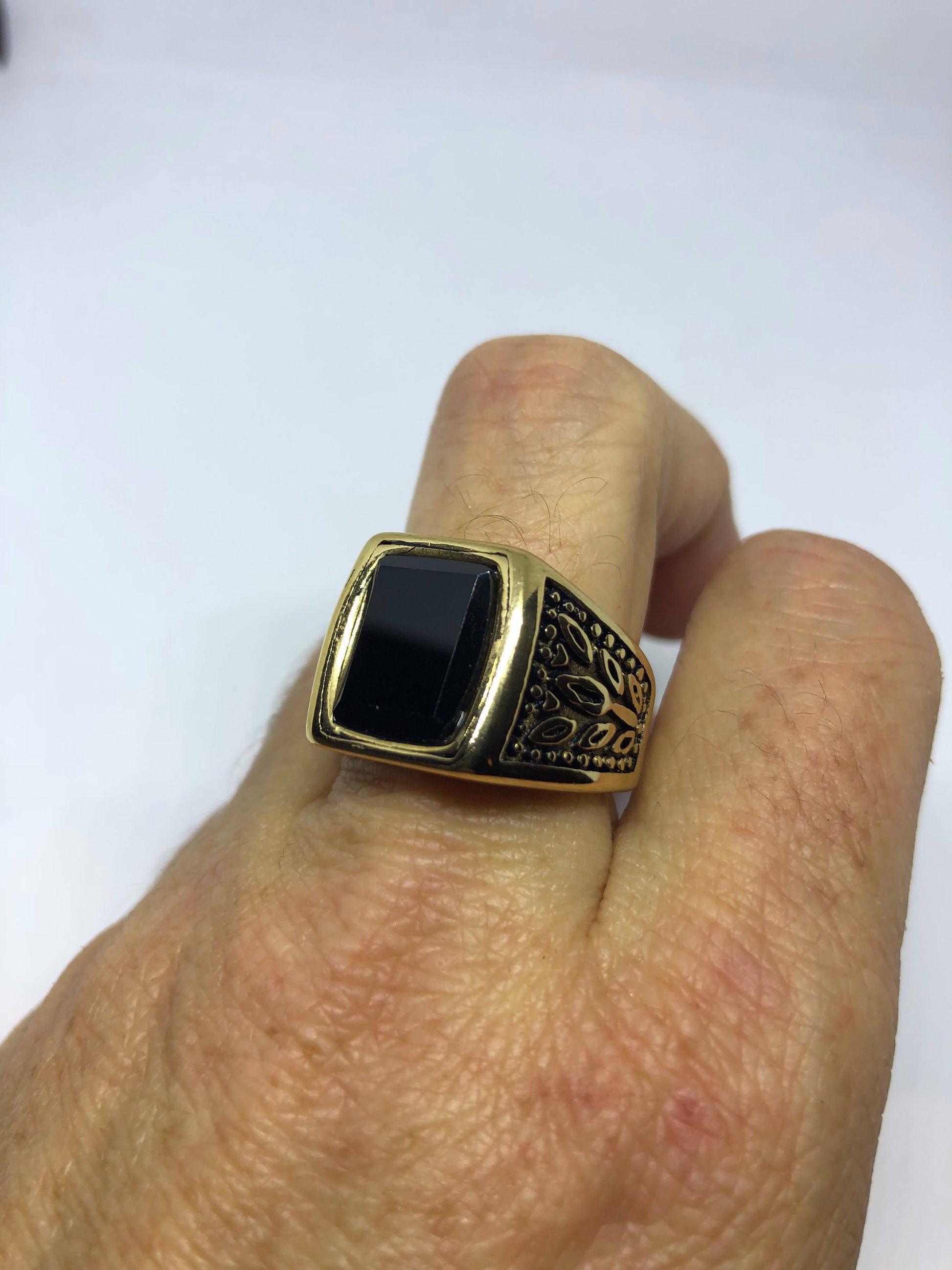 Vintage Gothic Golden Finished Stainless Steel Black Onyx Mens Ring