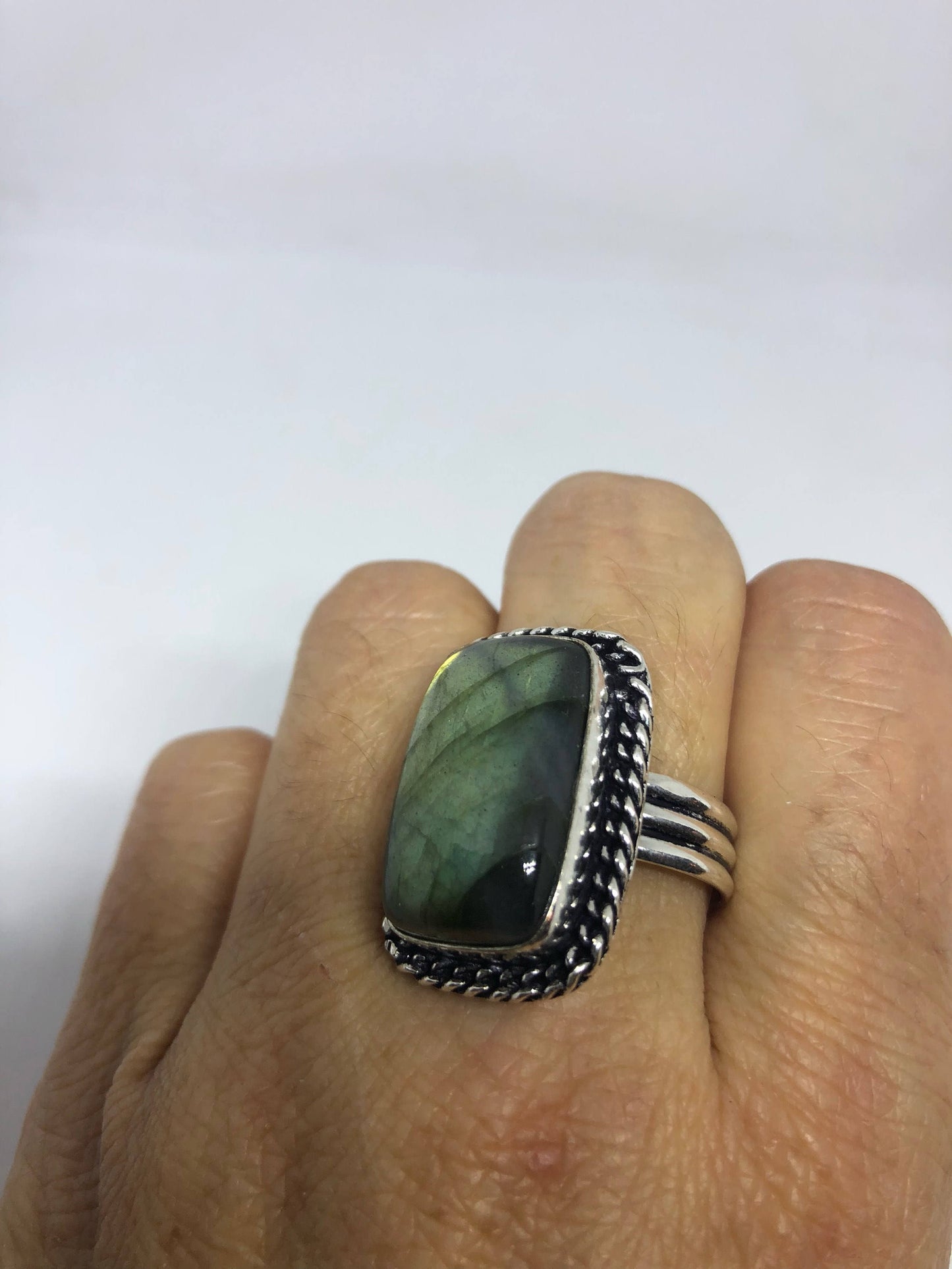 Vintage Large Blue Green Labradorite Stone Silver Ring