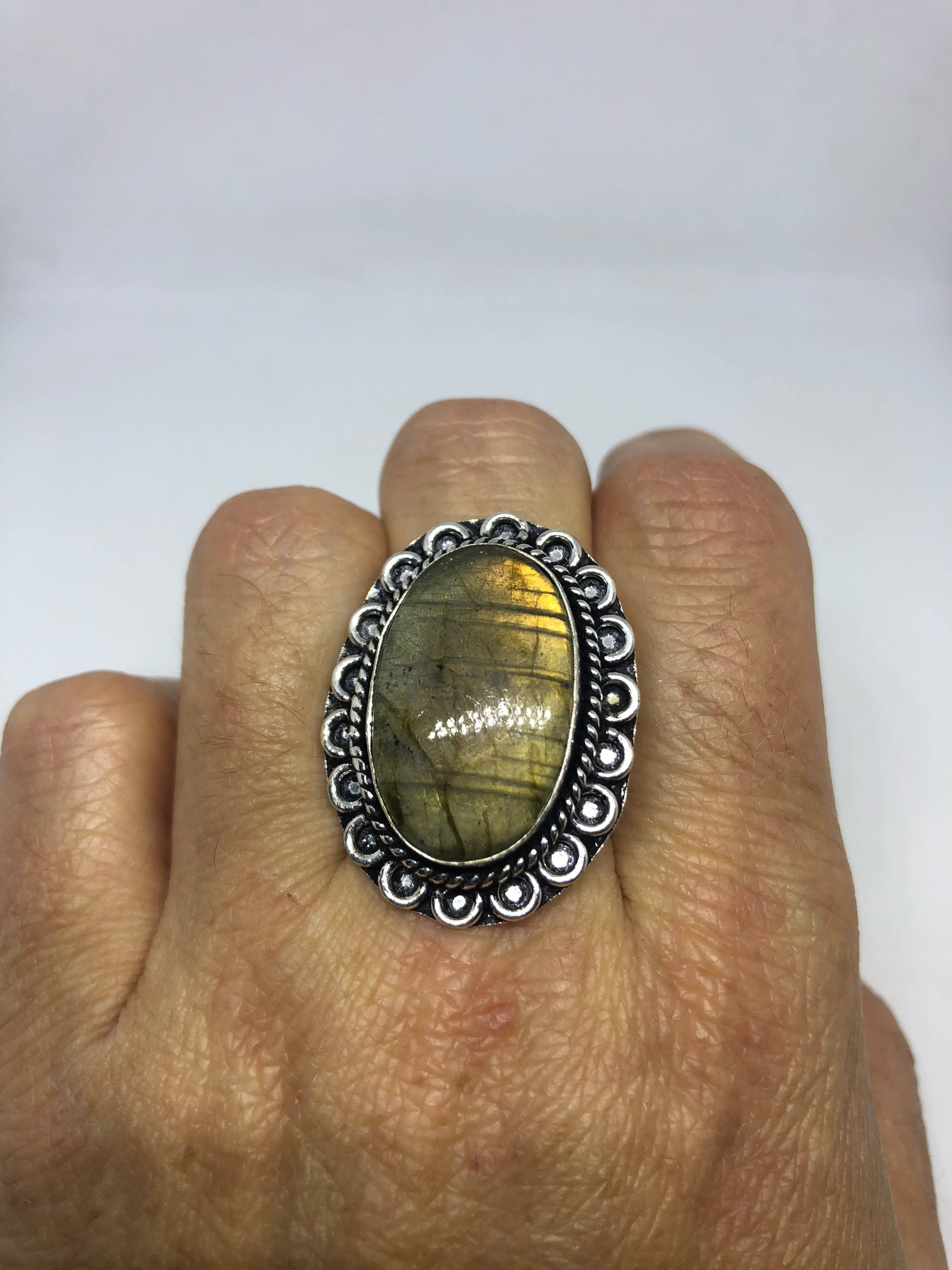 Vintage Large Blue Green Labradorite Stone Silver Ring