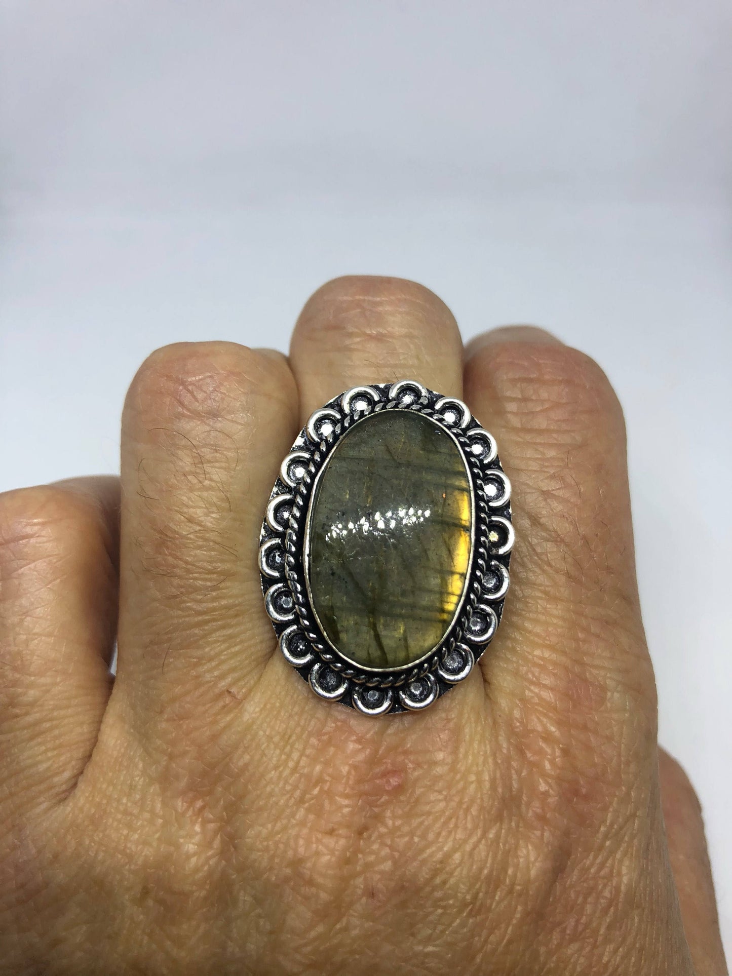 Vintage Large Blue Green Labradorite Stone Silver Ring