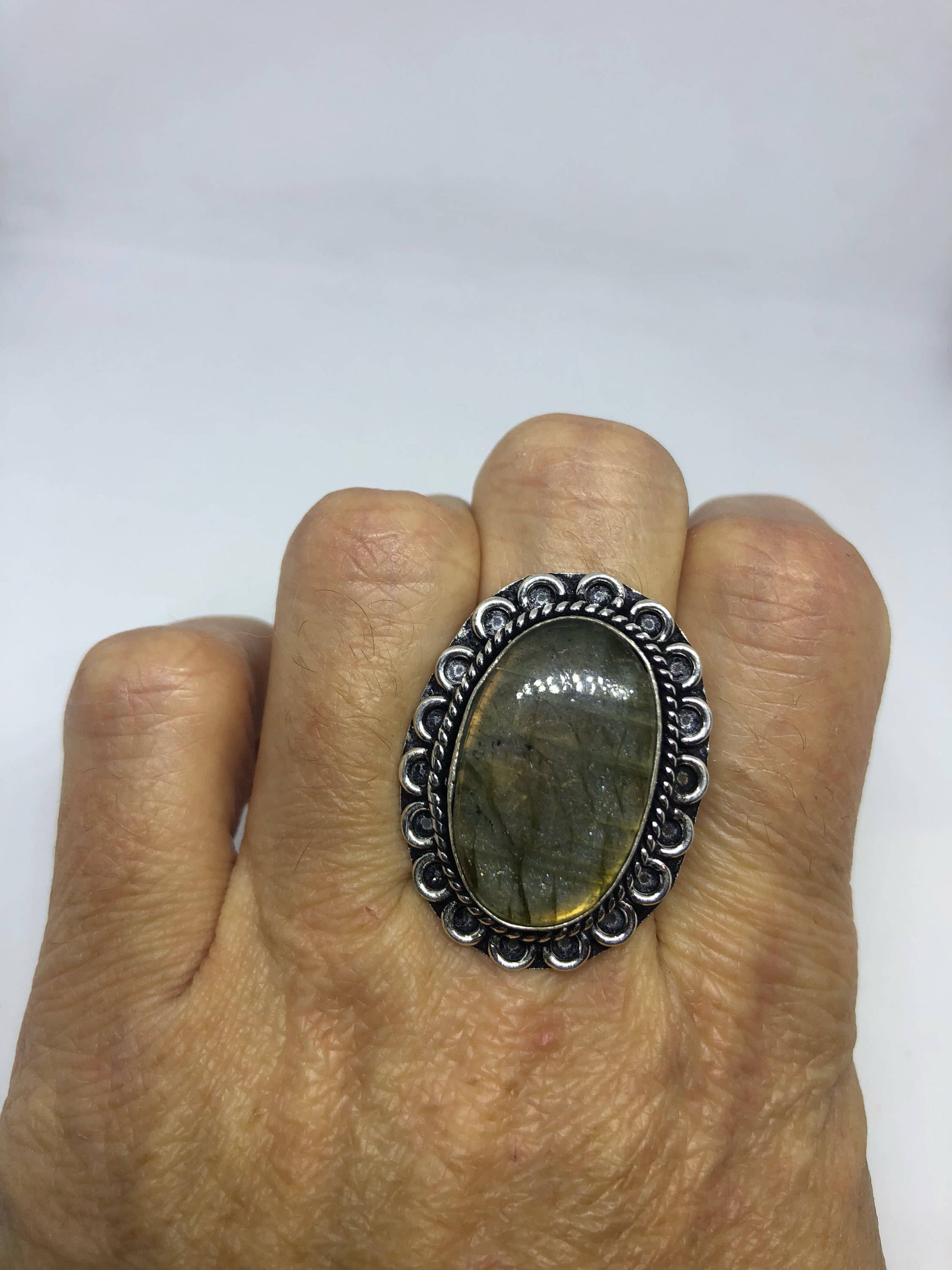 Vintage Large Blue Green Labradorite Stone Silver Ring