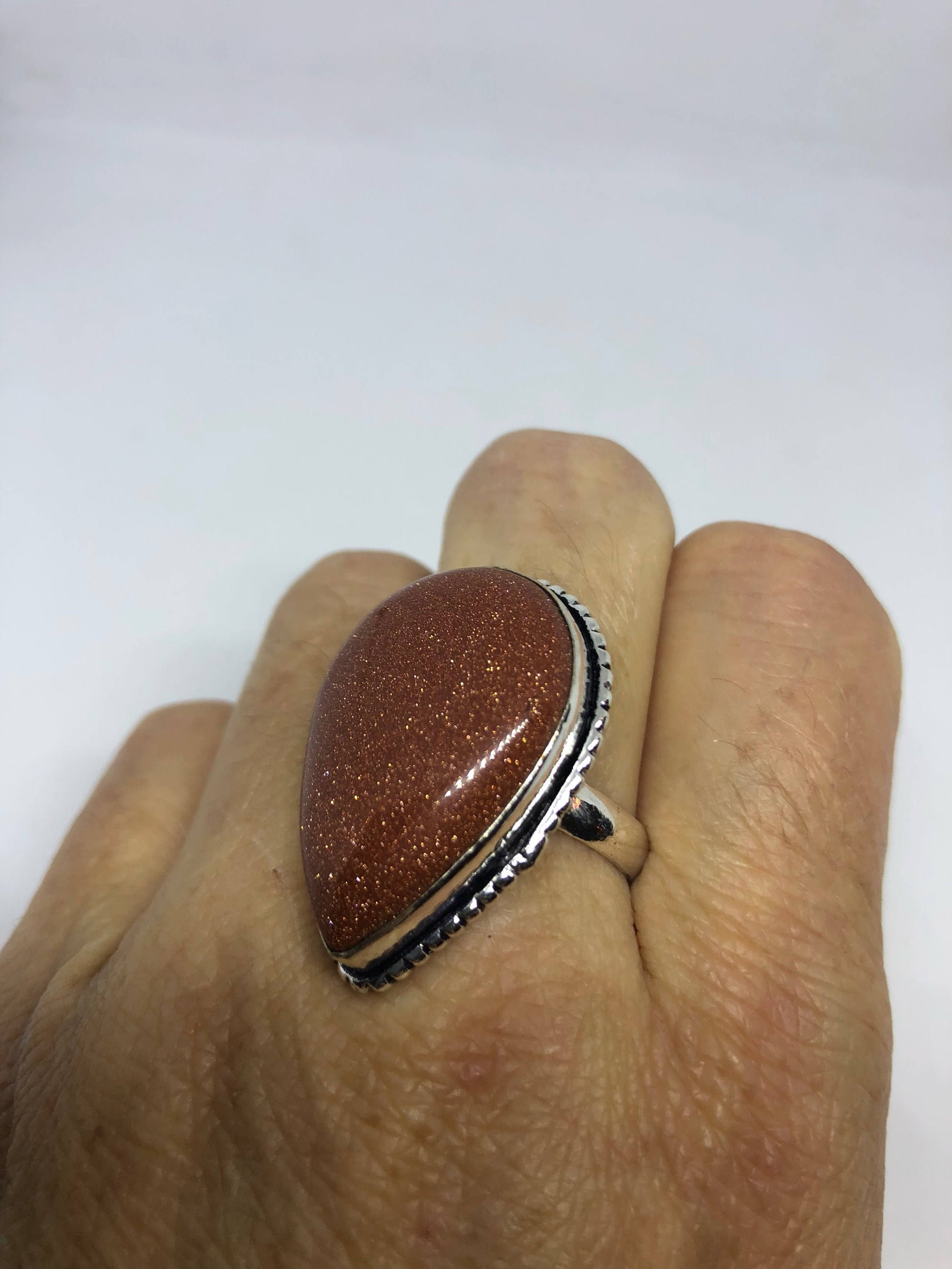 Vintage Handmade Deep Gold Sandstone Setting Silver Ring