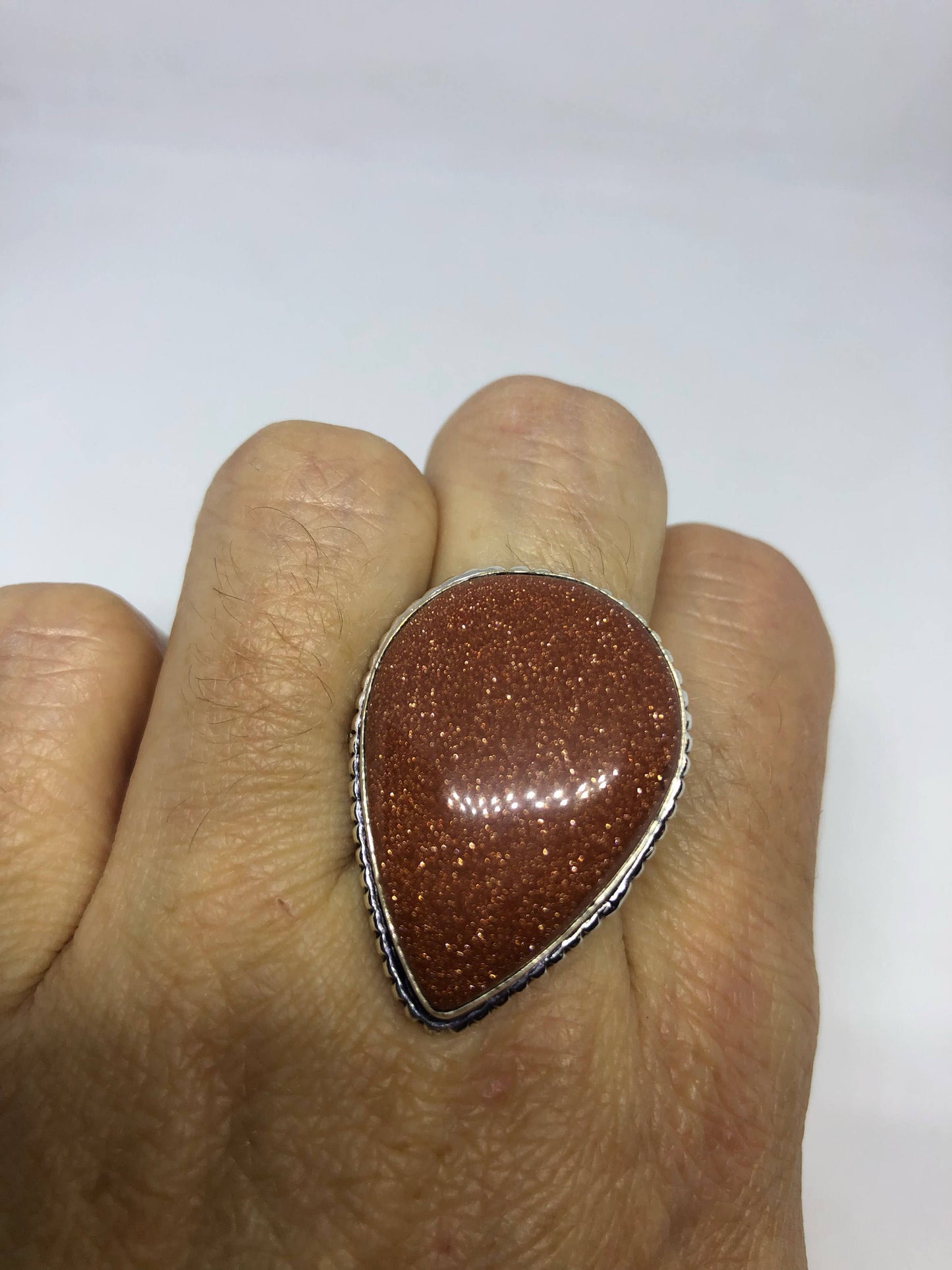 Vintage Handmade Deep Gold Sandstone Setting Silver Ring