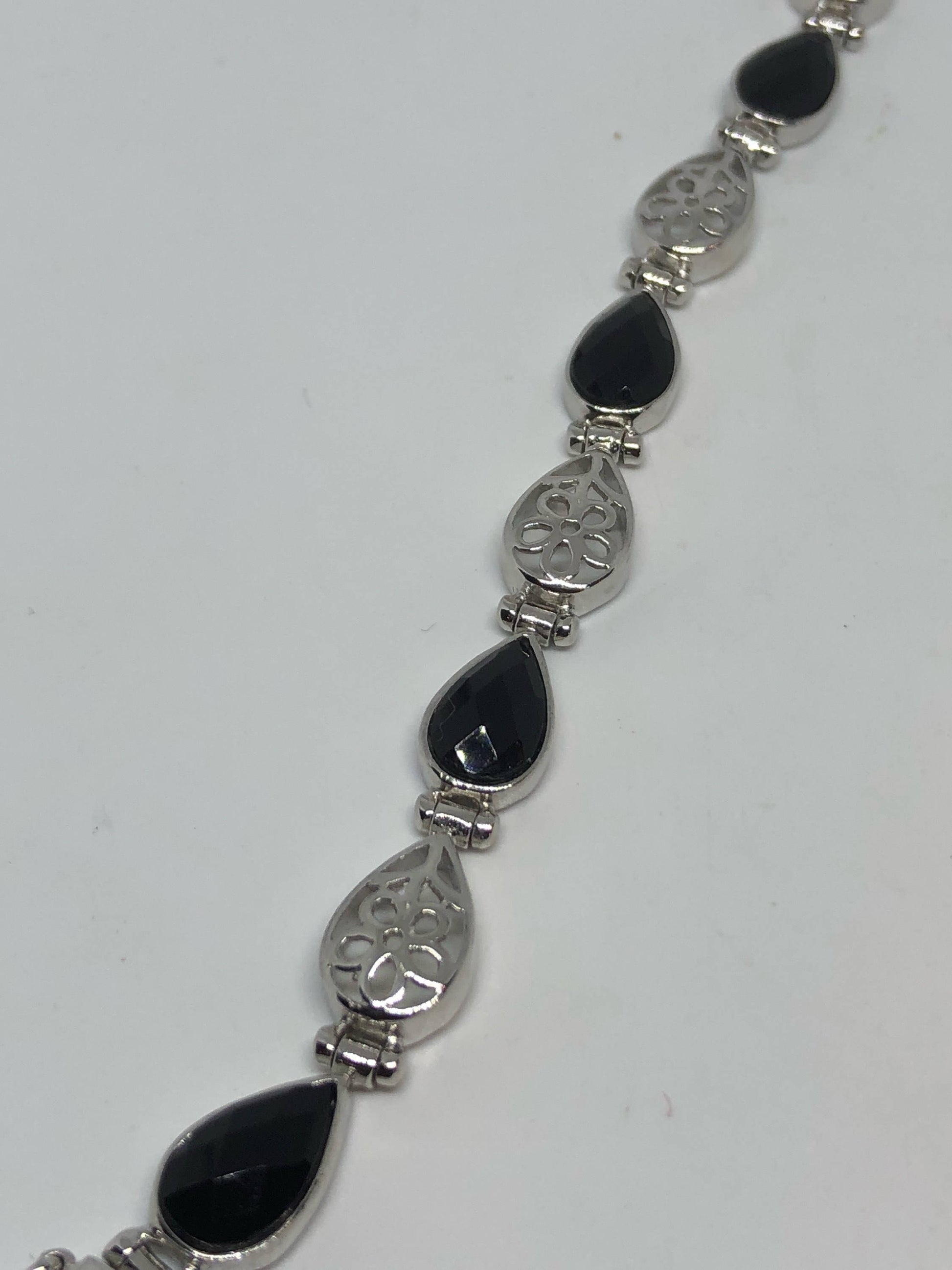 Vintage Hand Made 925% Sterling Silver Crystal Filligree Black Jet Faceted Onyx Bracelet