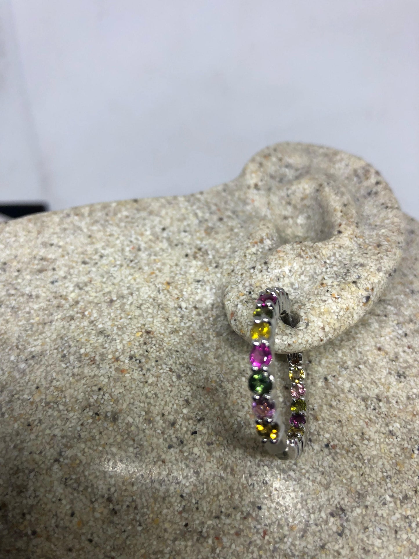 Vintage Genuine Watermelon Tourmaline Gemstone Filigree Sterling Silver Hoop Earrings