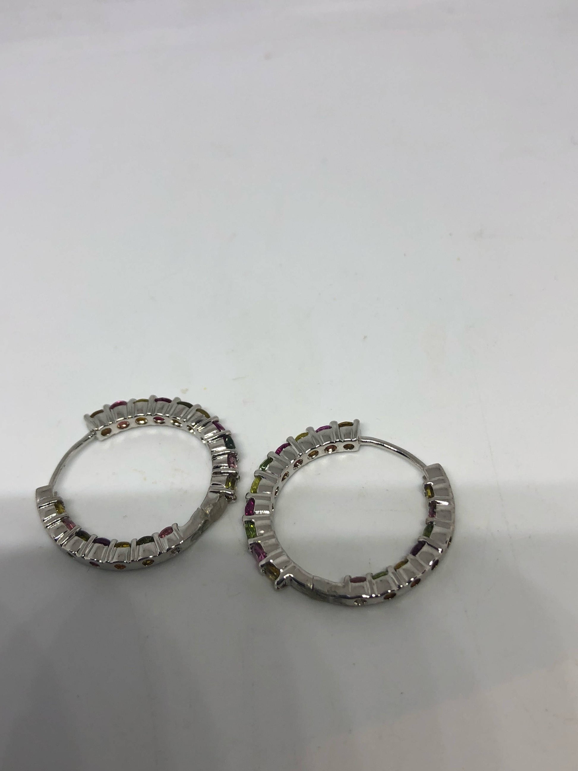 Vintage Genuine Watermelon Tourmaline Gemstone Filigree Sterling Silver Hoop Earrings