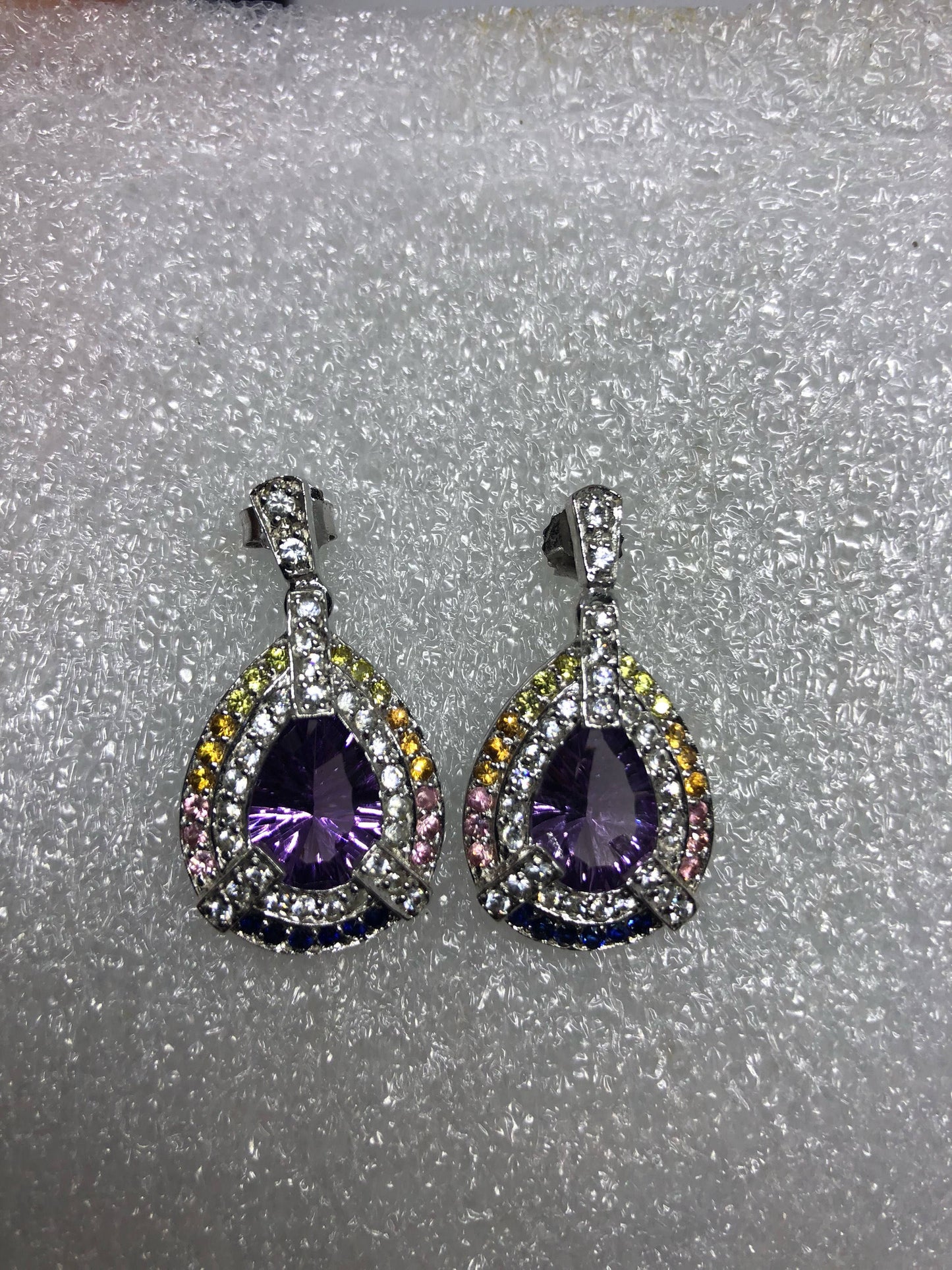 Vintage Handmade 925 Sterling Silver Purple Amethyst Deco Chandelier Earrings